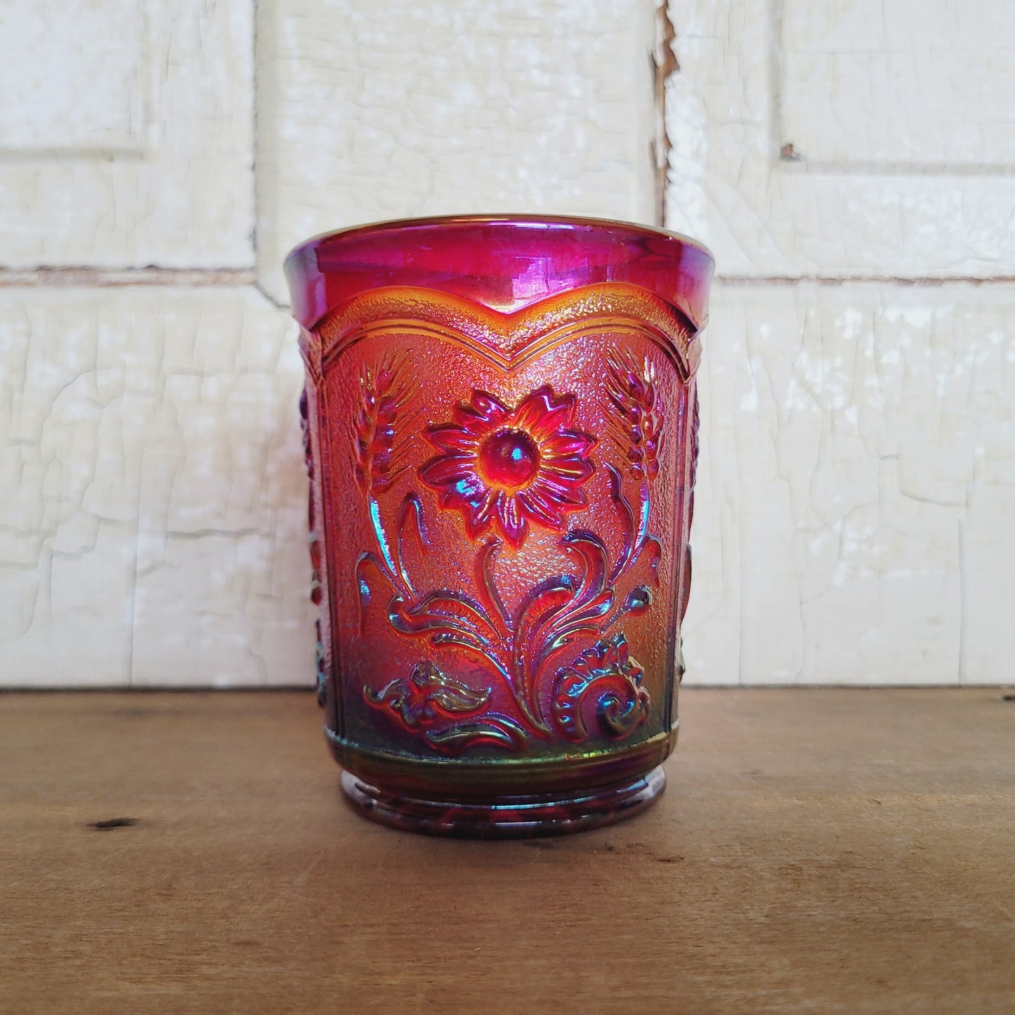 Imperial Glass Fieldflower Carnival Glass Tumbler Sunset Ruby Red Vintage