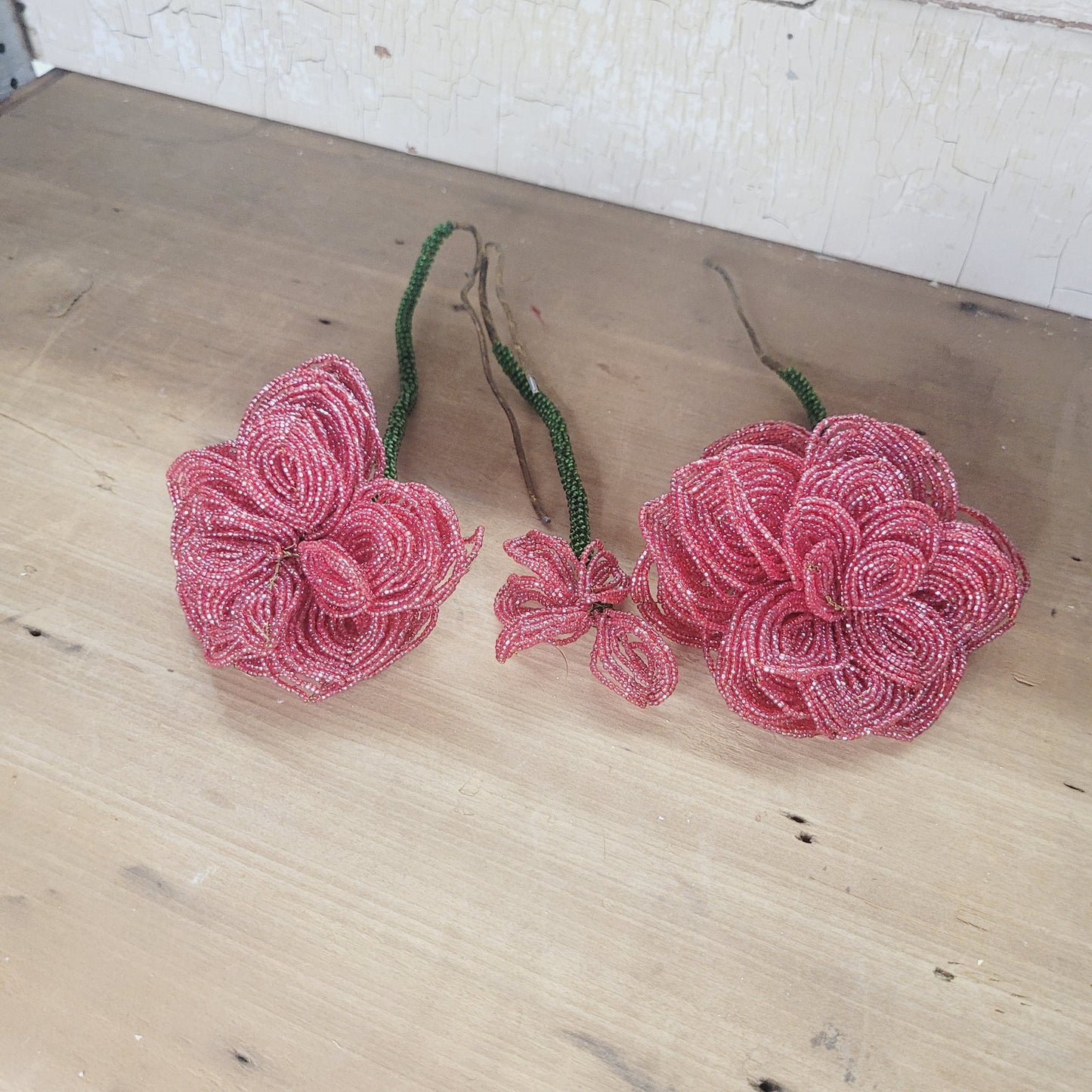 Vintage Red Beaded Glass Flowers Handmade Floral Stems Lot of 3