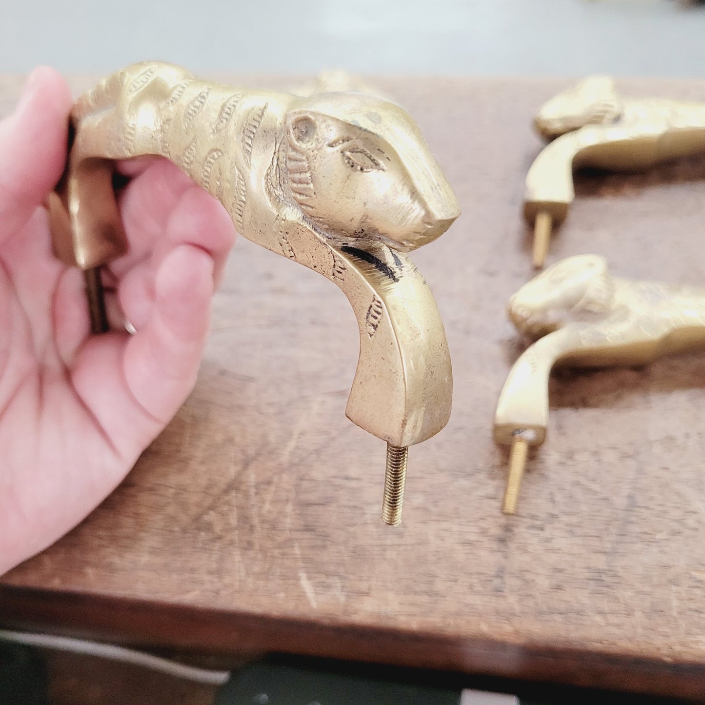 Vintage Brass Tiger Drawer Pulls 4pc Set Heavy Cabinet Hardware 4" Centers