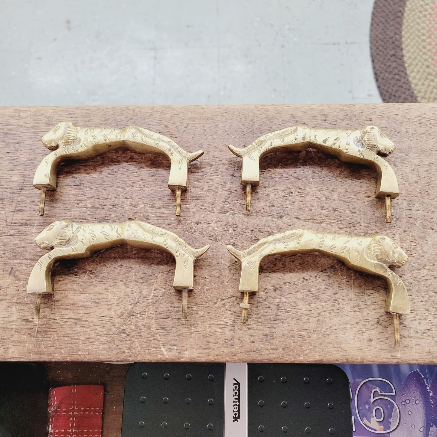 Vintage Brass Tiger Drawer Pulls 4pc Set Heavy Cabinet Hardware 4" Centers