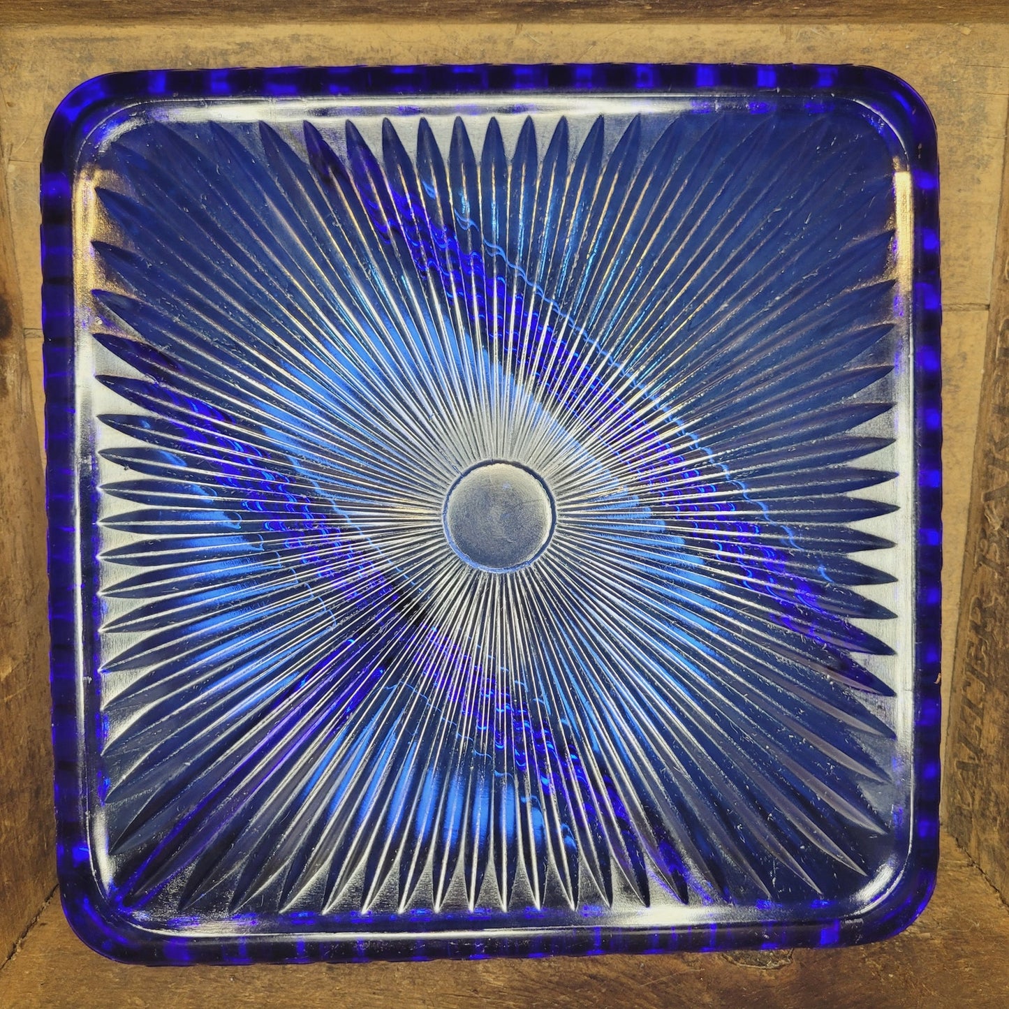 Vintage Cobalt Blue Depression Glass Divided Tray, Square, Vegetable Server