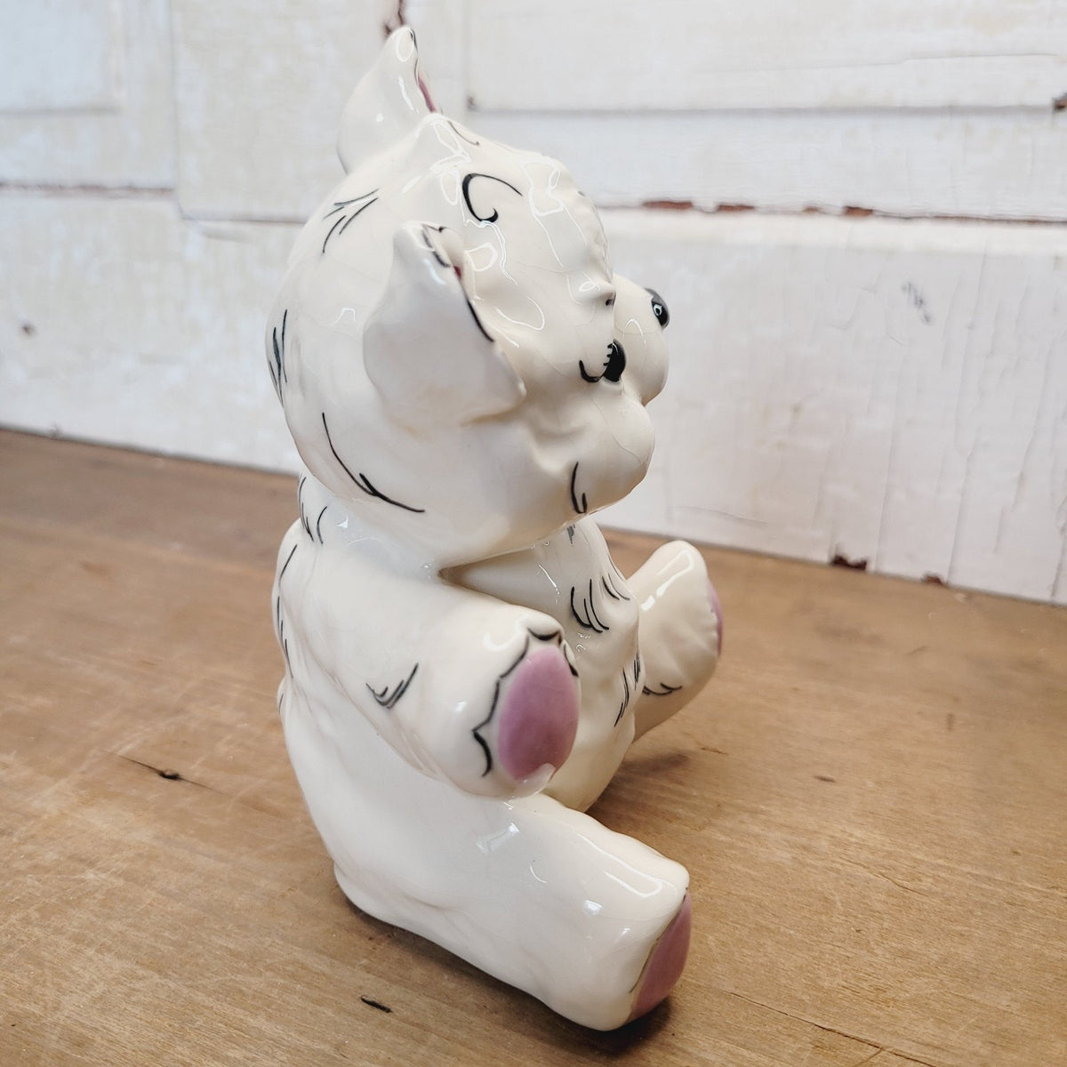 Kay Finch White Black Pink Bear Figurine 6 Inch Ceramic
