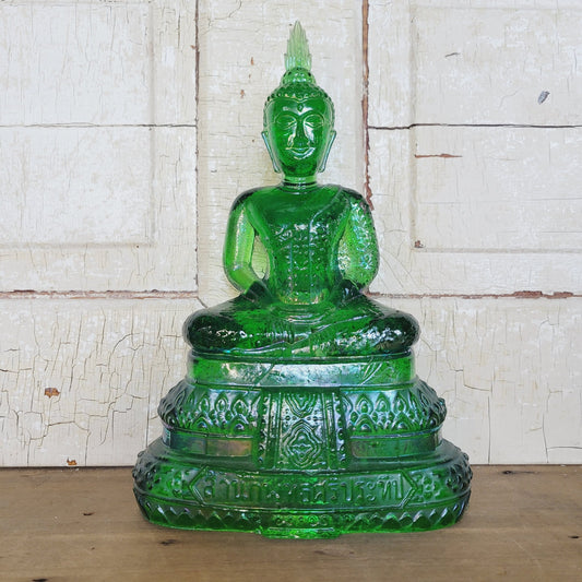 Vintage Green Glass Buddha Statue | Marked Japan | 10.5" Emerald Color Figure