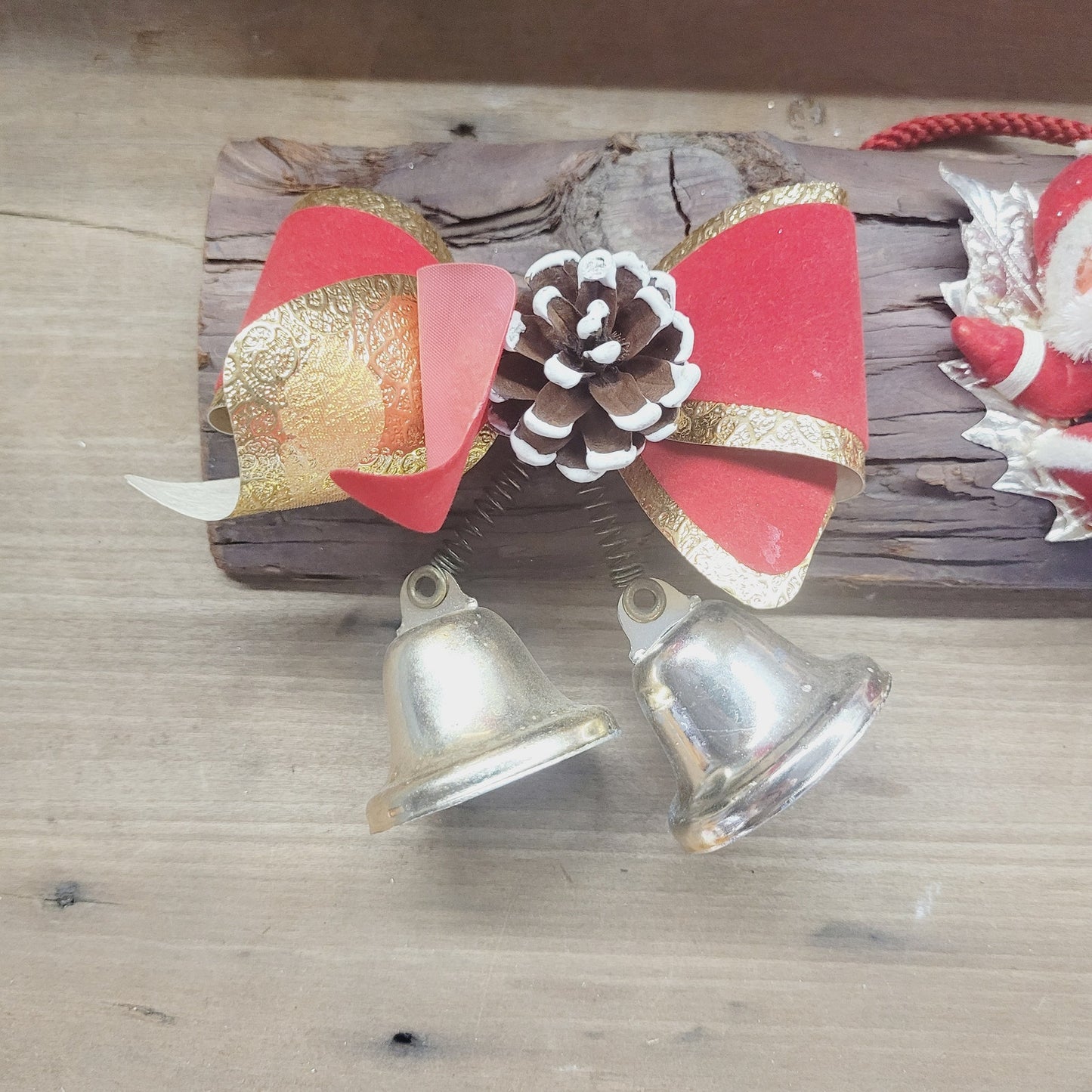 Vintage Yuletide Jingle Bell Door Hanger with Flocked Santa & Bows 14.5"