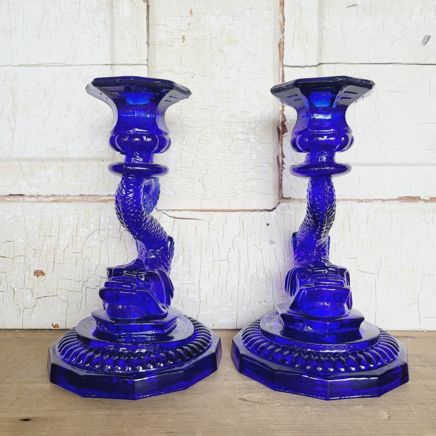 Vintage Portieux Vallerysthal Cobalt Blue Koi Fish Candlesticks Pair French Glass Dolphin Candle Holders