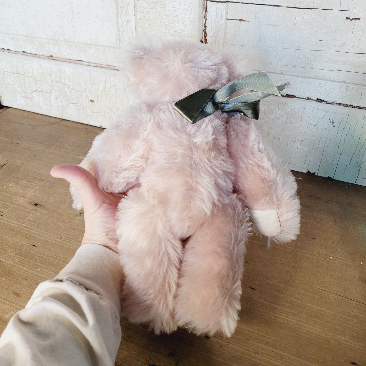 Handmade Light Pink Mohair Teddy Bear, Silver Thimble Creations – 10.5”