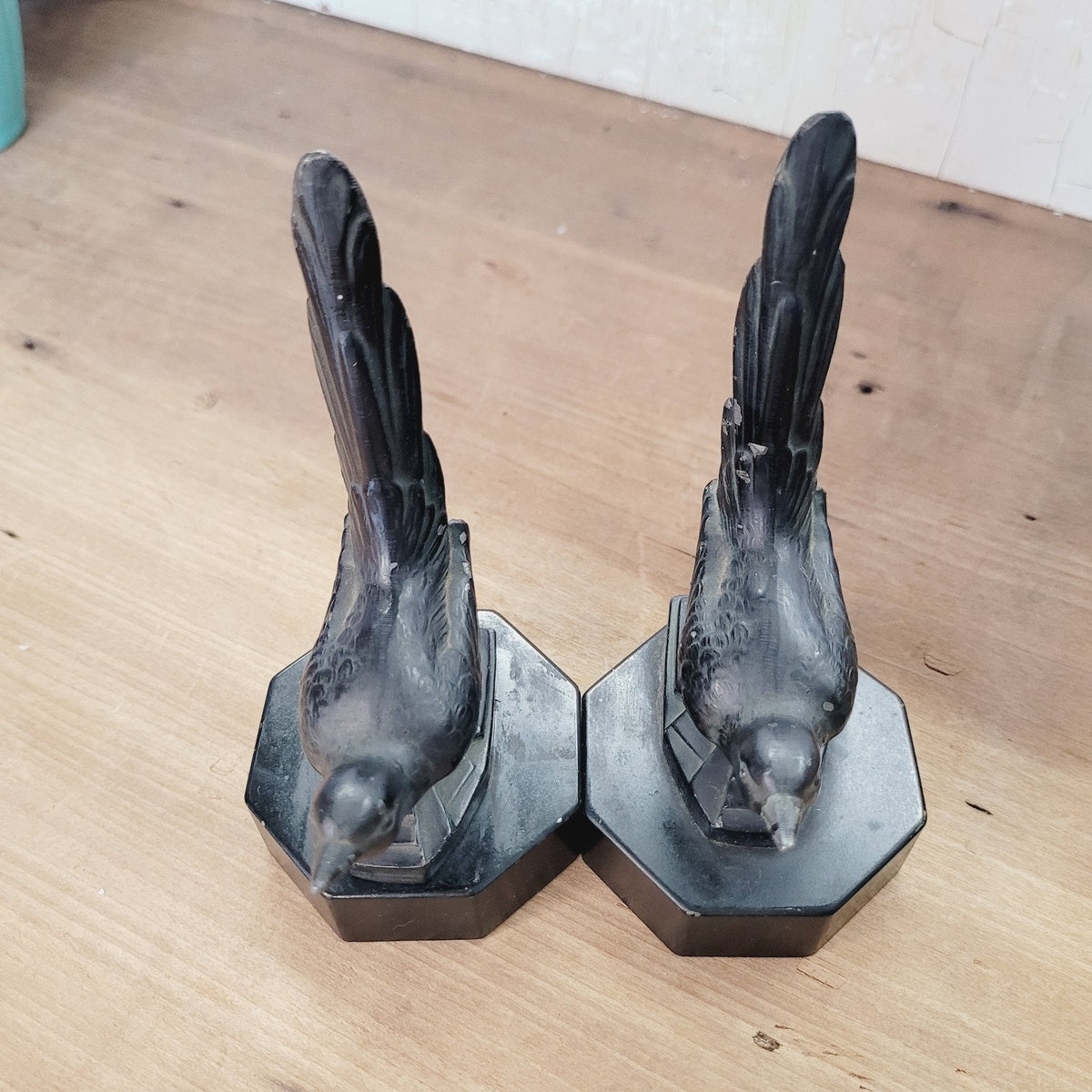 Vintage Art Deco Bookends Bird Figural Spelter Upswept Tail Black Stone Base