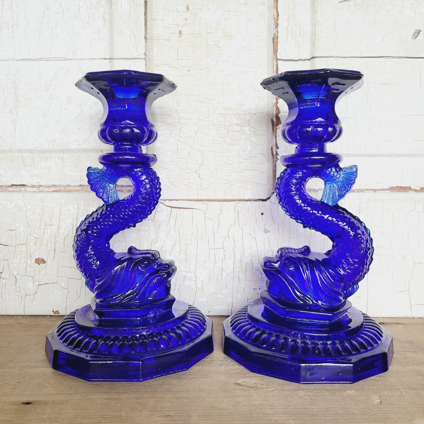 Vintage Portieux Vallerysthal Cobalt Blue Koi Fish Candlesticks Pair French Glass Dolphin Candle Holders