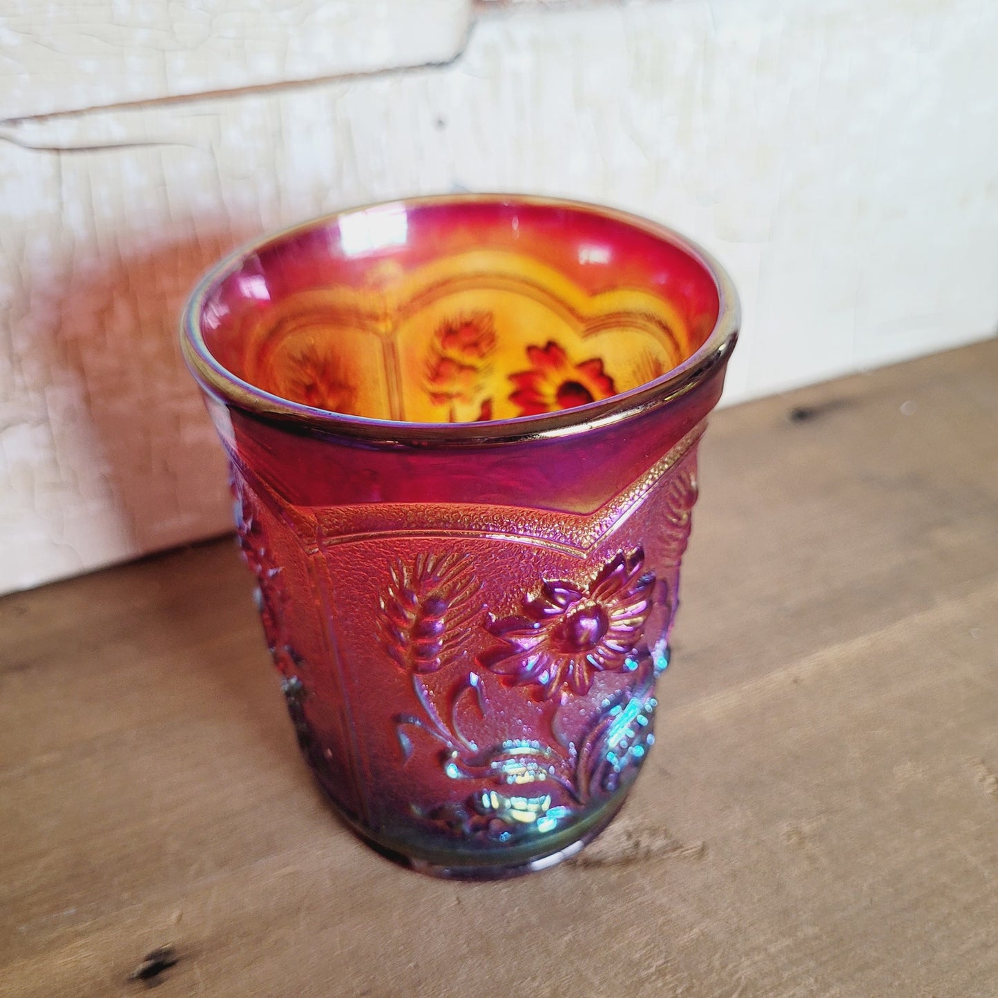 Imperial Glass Fieldflower Carnival Glass Tumbler Sunset Ruby Red Vintage