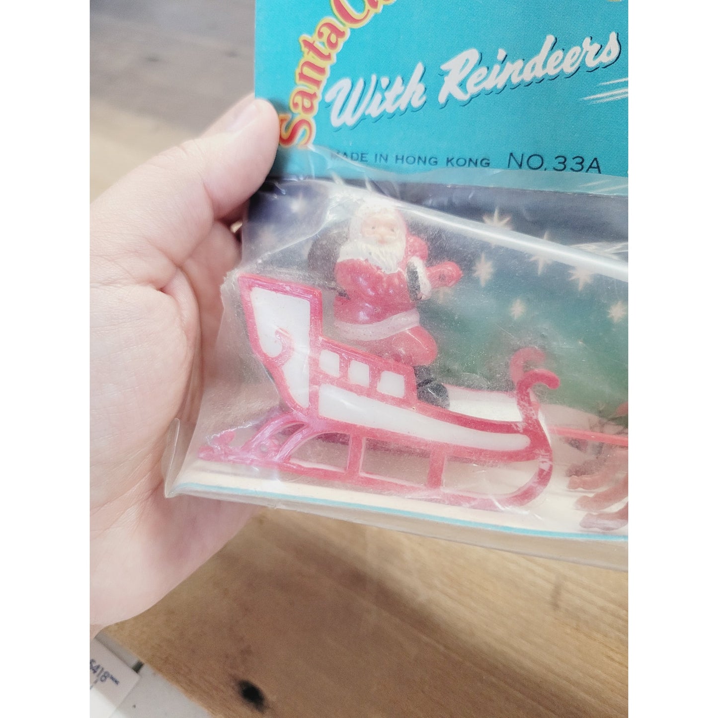 Vintage NOS Santa Claus in Sleigh with Reindeer | Made in Hong Kong | 10"