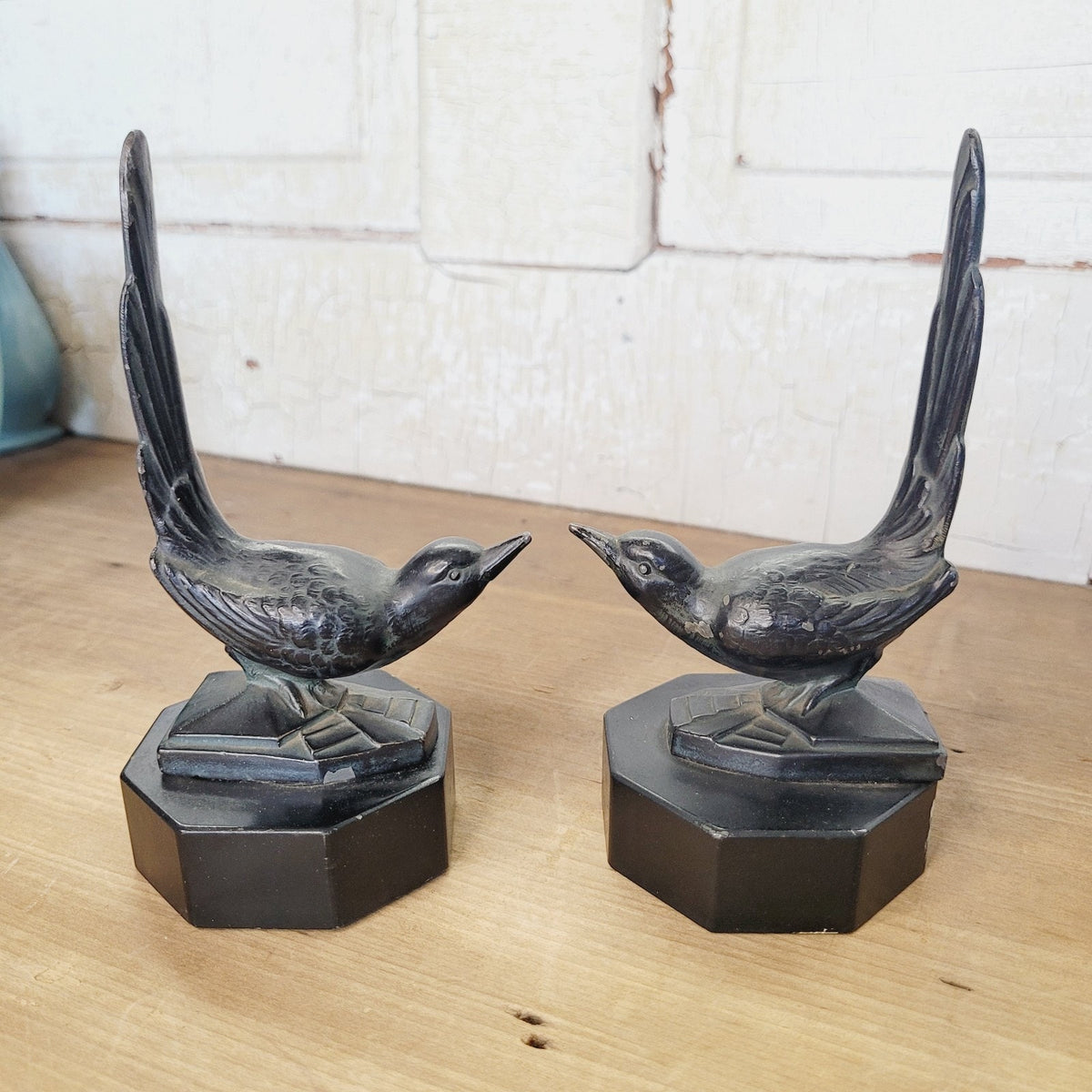 Vintage Art Deco Bookends Bird Figural Spelter Upswept Tail Black Stone Base