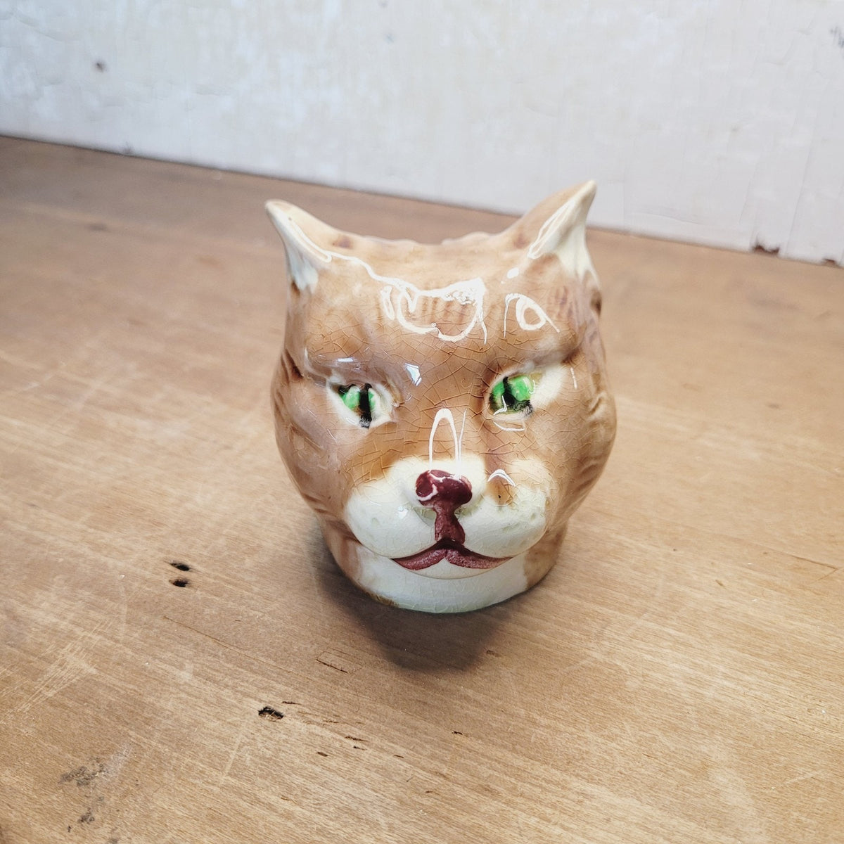 Vintage Majolica Style Cat Head Coin Bank Pottery 3.25 Inch No Maker Mark