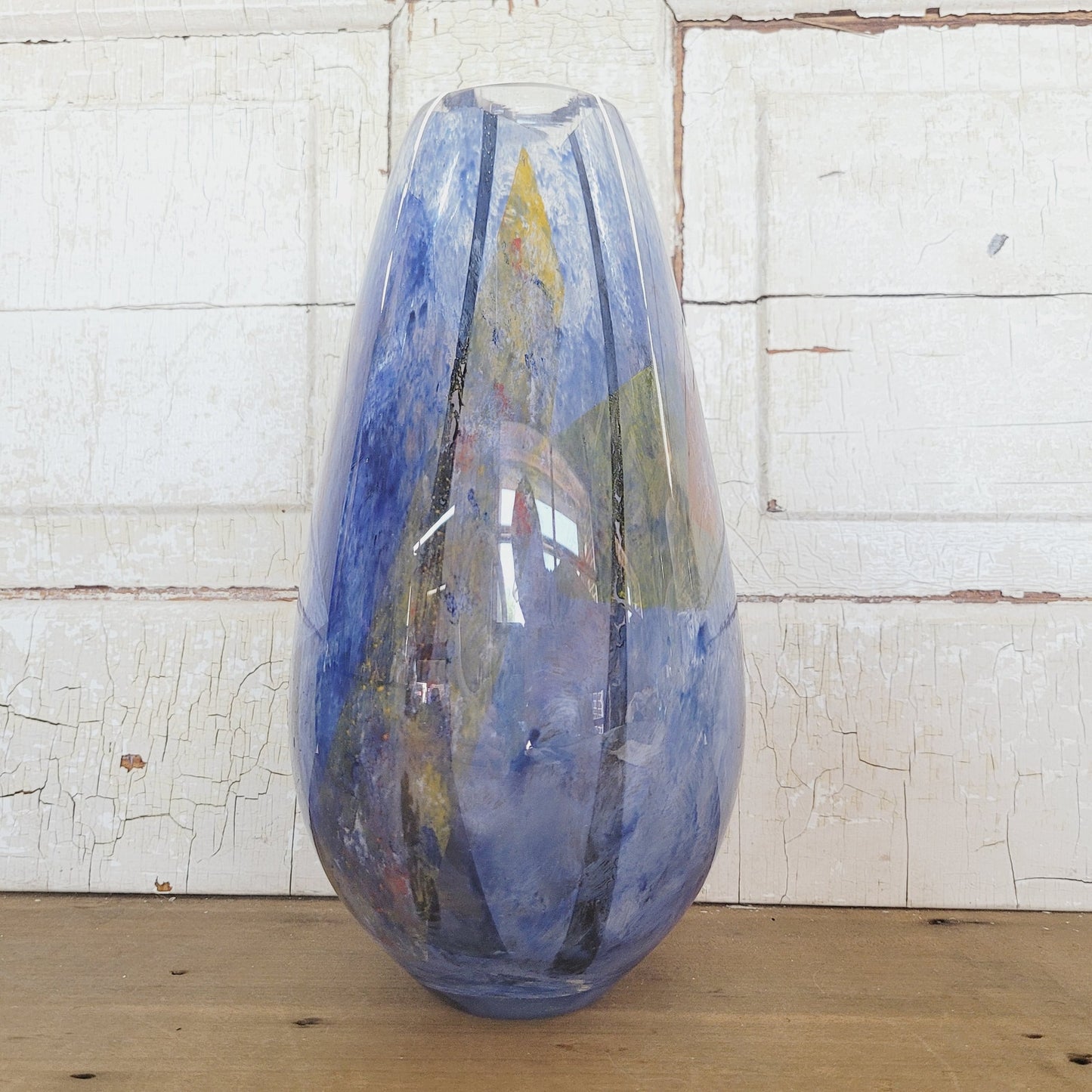 Heavy Art Glass Vase | 10.25" Tall | Blue Multicolor | Thick Contemporary Studio Glass