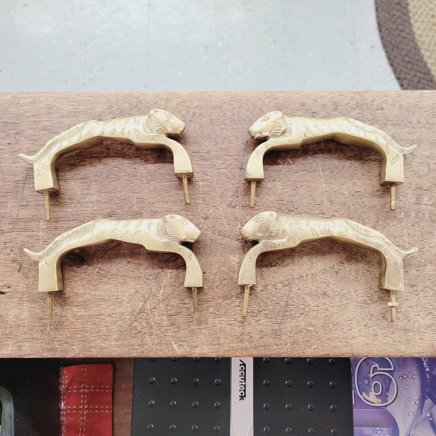 Vintage Brass Tiger Drawer Pulls 4pc Set Heavy Cabinet Hardware 4" Centers