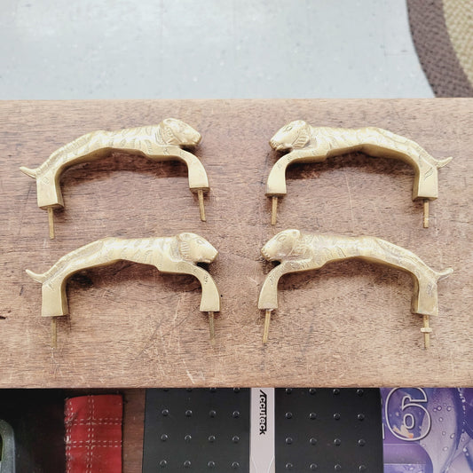 Vintage Brass Tiger Drawer Pulls 4pc Set Heavy Cabinet Hardware 4" Centers