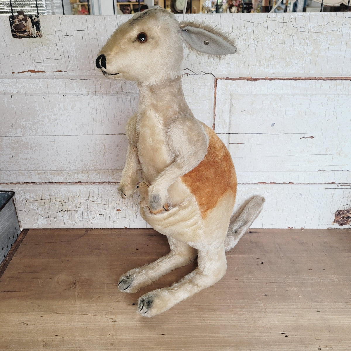 Vintage Steiff Kangaroo with Baby Joey Mohair Plush 21" Button No Tag MCM