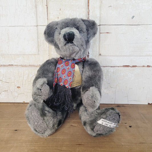Sue Foskey Nostalgic Bear Dark Gray with Scarf 1985 Signed Tag