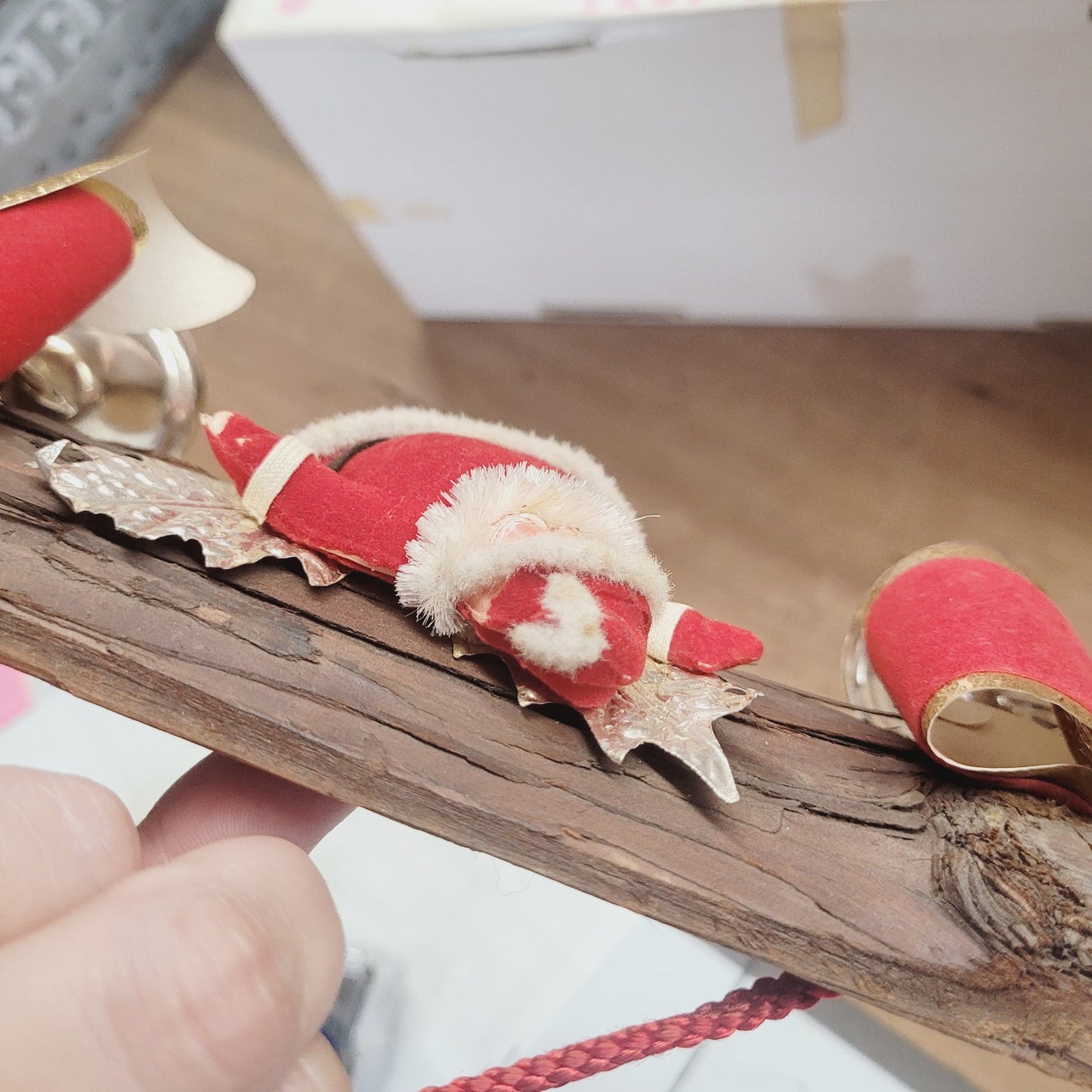 Vintage Yuletide Jingle Bell Door Hanger with Flocked Santa & Bows 14.5"