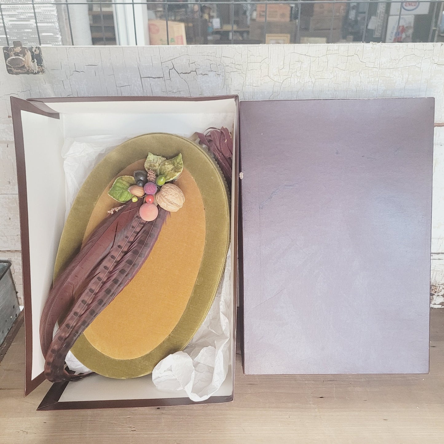 Vintage Godiva Velvet Chocolate Box 14" Oval with Feathers Fruit & Gift Box
