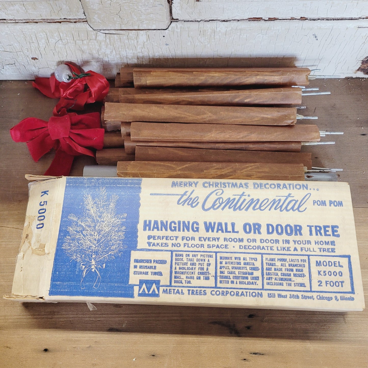 1950s Aluminum Pom Pom Hanging Christmas Tree | Wall Door Tree | 2 Ft Box #K5000