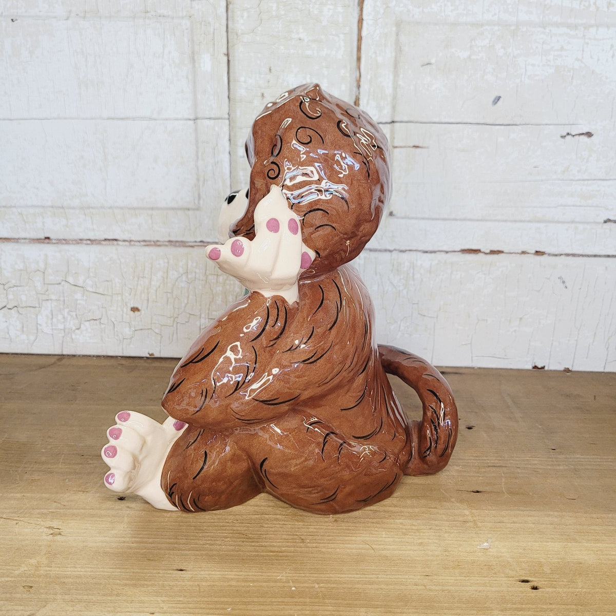 Kay Finch California Happy Monkey Figurine 4903 Brown Green Bow MCM 10.5in