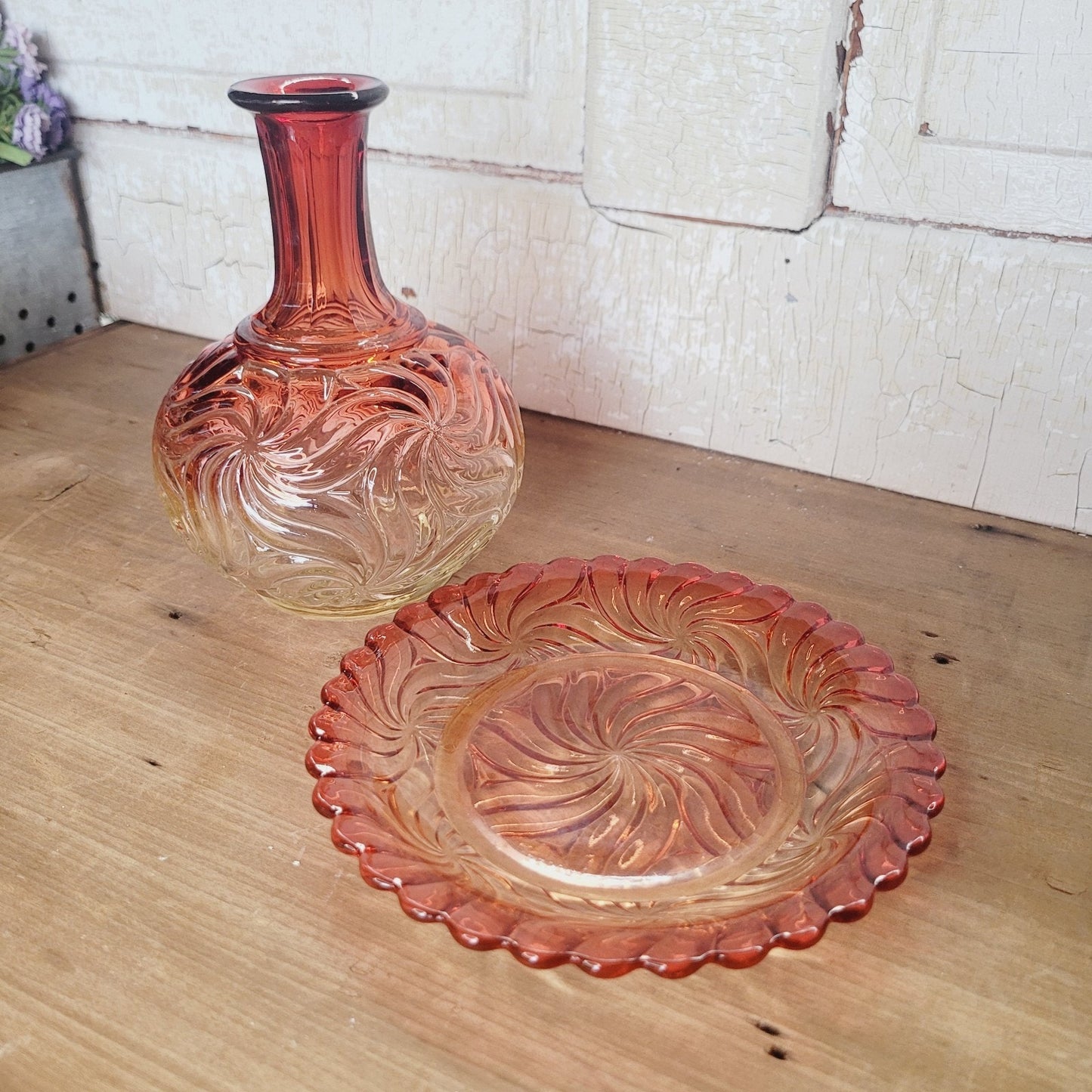 Baccarat Rose Tiente Rosaces Multiples Carafe Underplate French Art Glass Pink