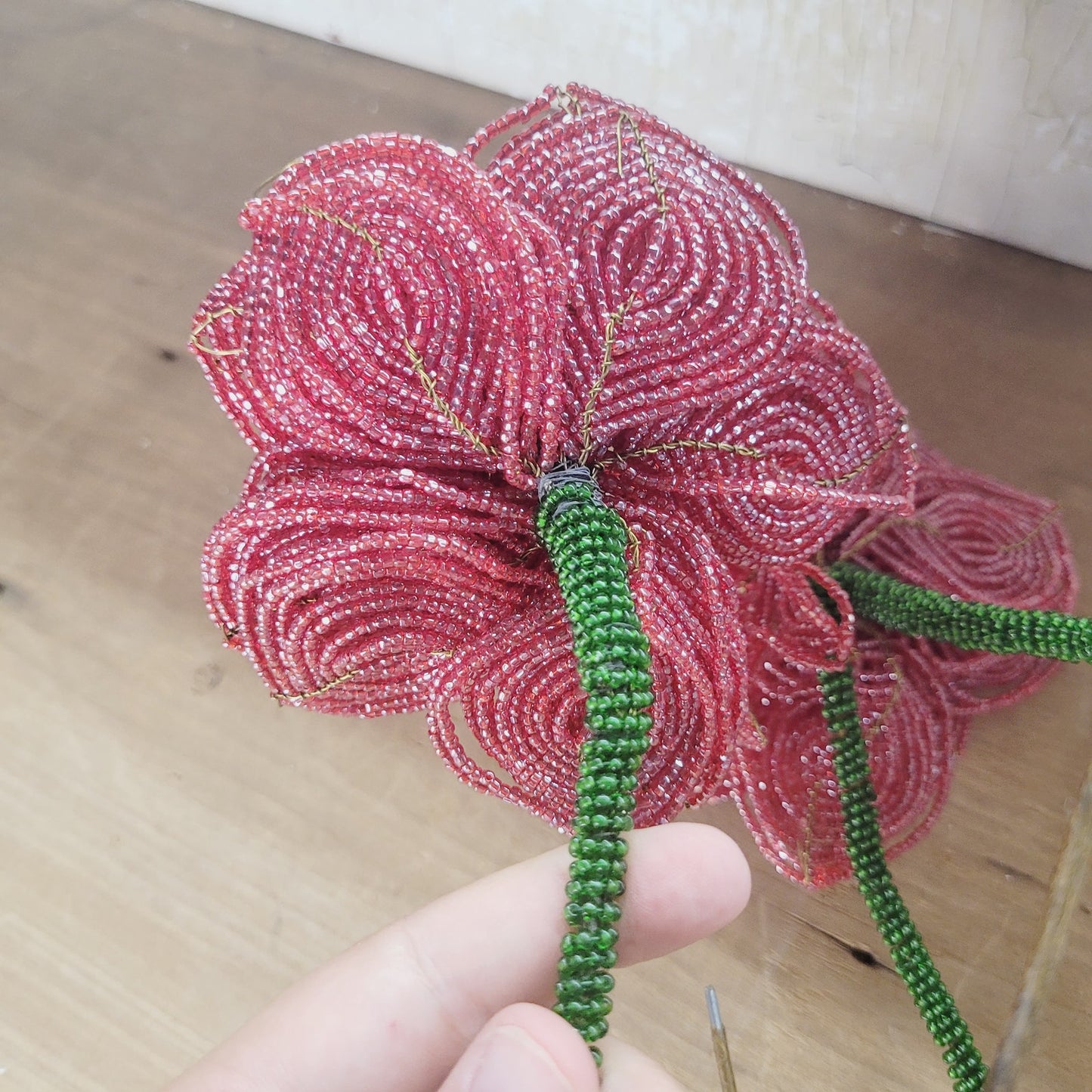 Vintage Red Beaded Glass Flowers Handmade Floral Stems Lot of 3