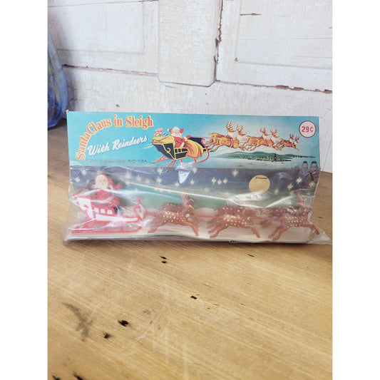 Vintage NOS Santa Claus in Sleigh with Reindeer | Made in Hong Kong | 10"