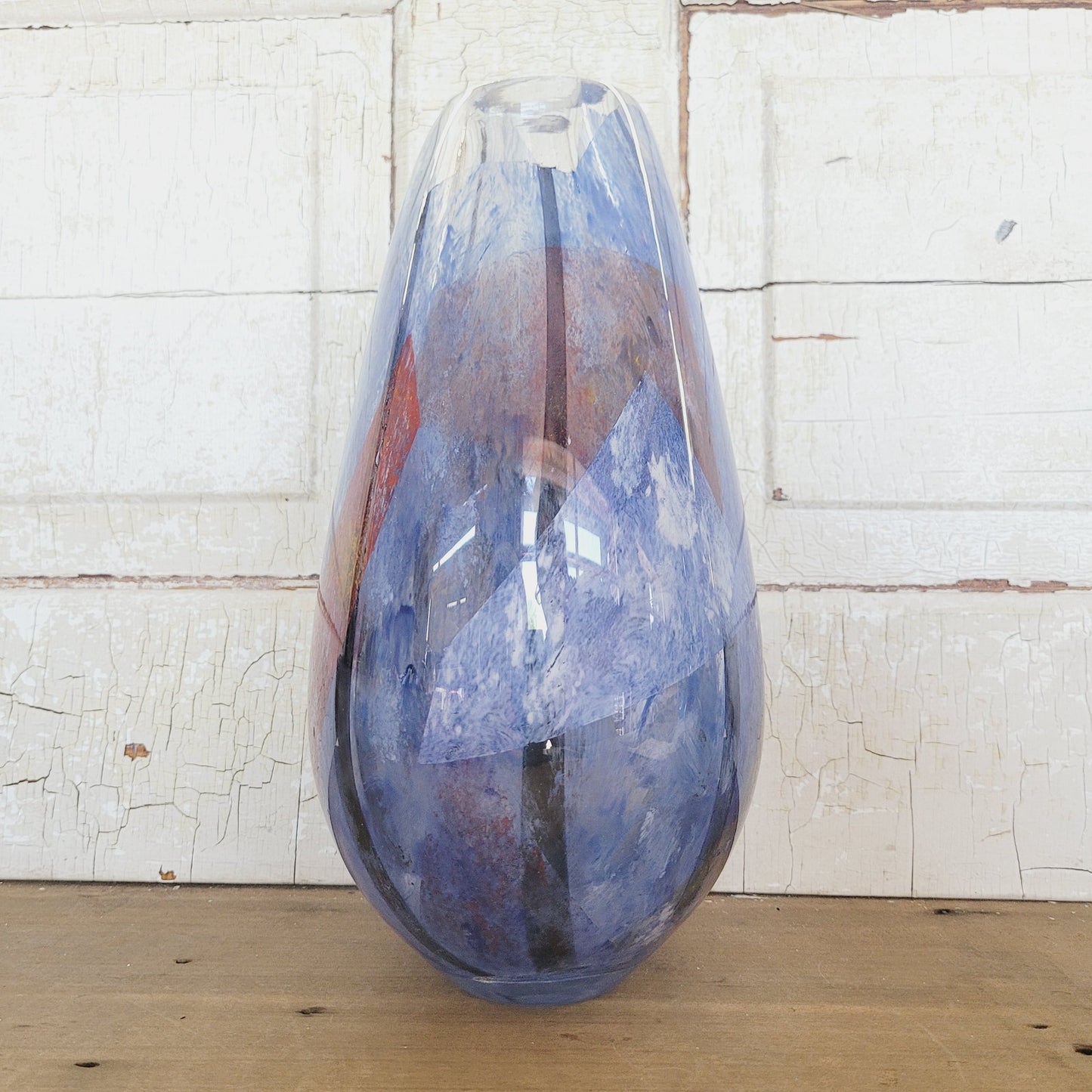 Heavy Art Glass Vase | 10.25" Tall | Blue Multicolor | Thick Contemporary Studio Glass