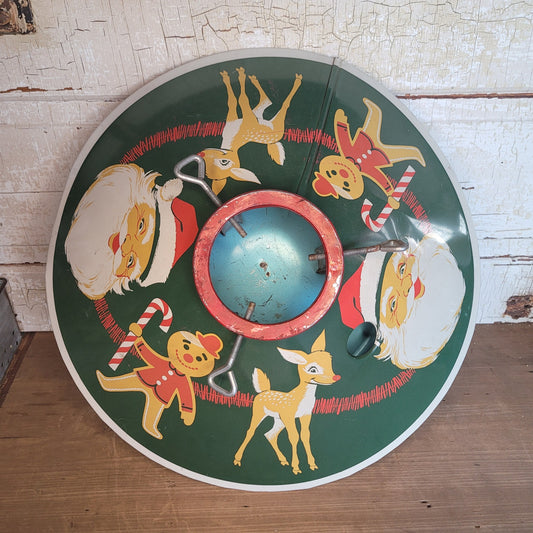 1950s Vintage Tin Metal Litho Christmas Tree Stand Santa Rudolph Gingerbread