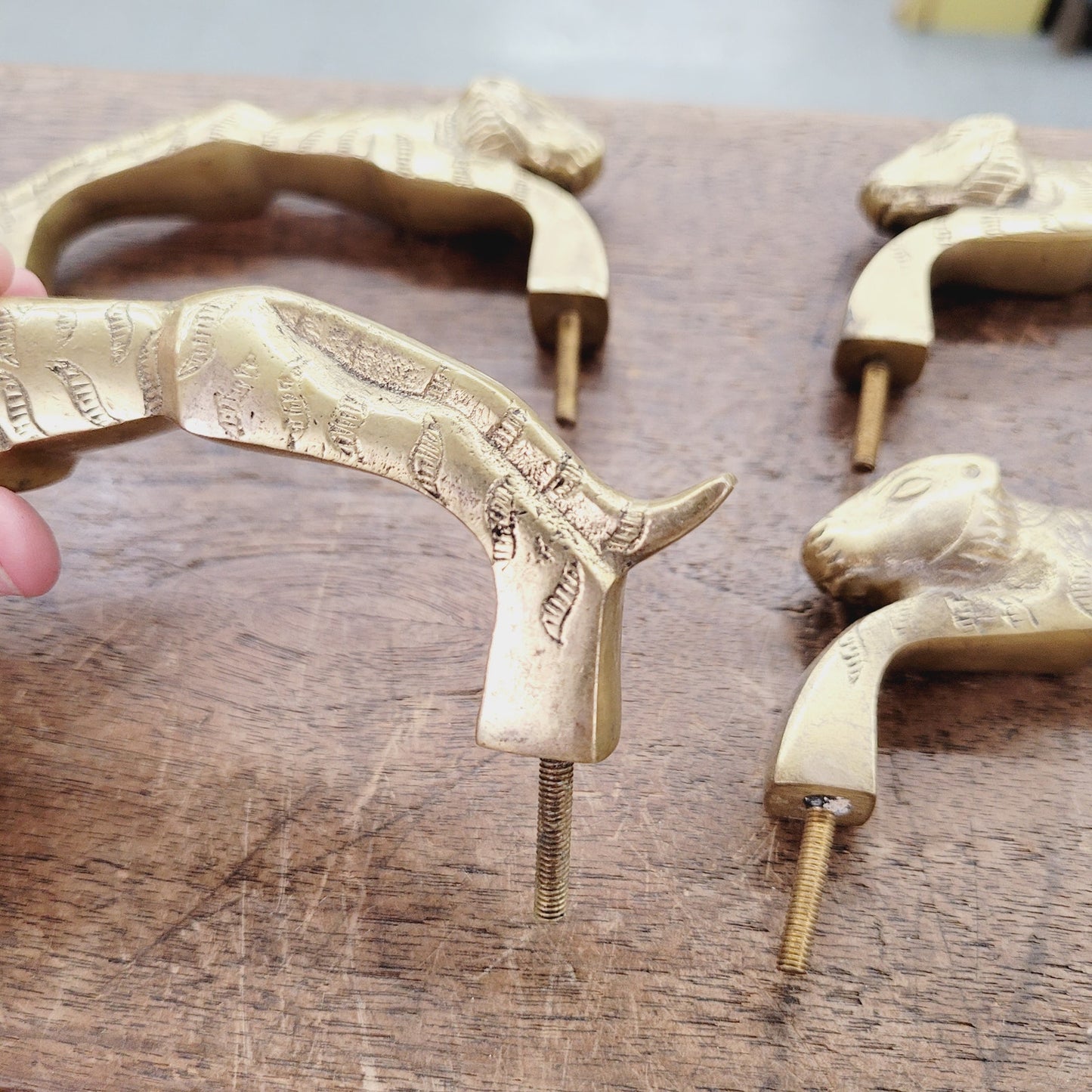 Vintage Brass Tiger Drawer Pulls 4pc Set Heavy Cabinet Hardware 4" Centers