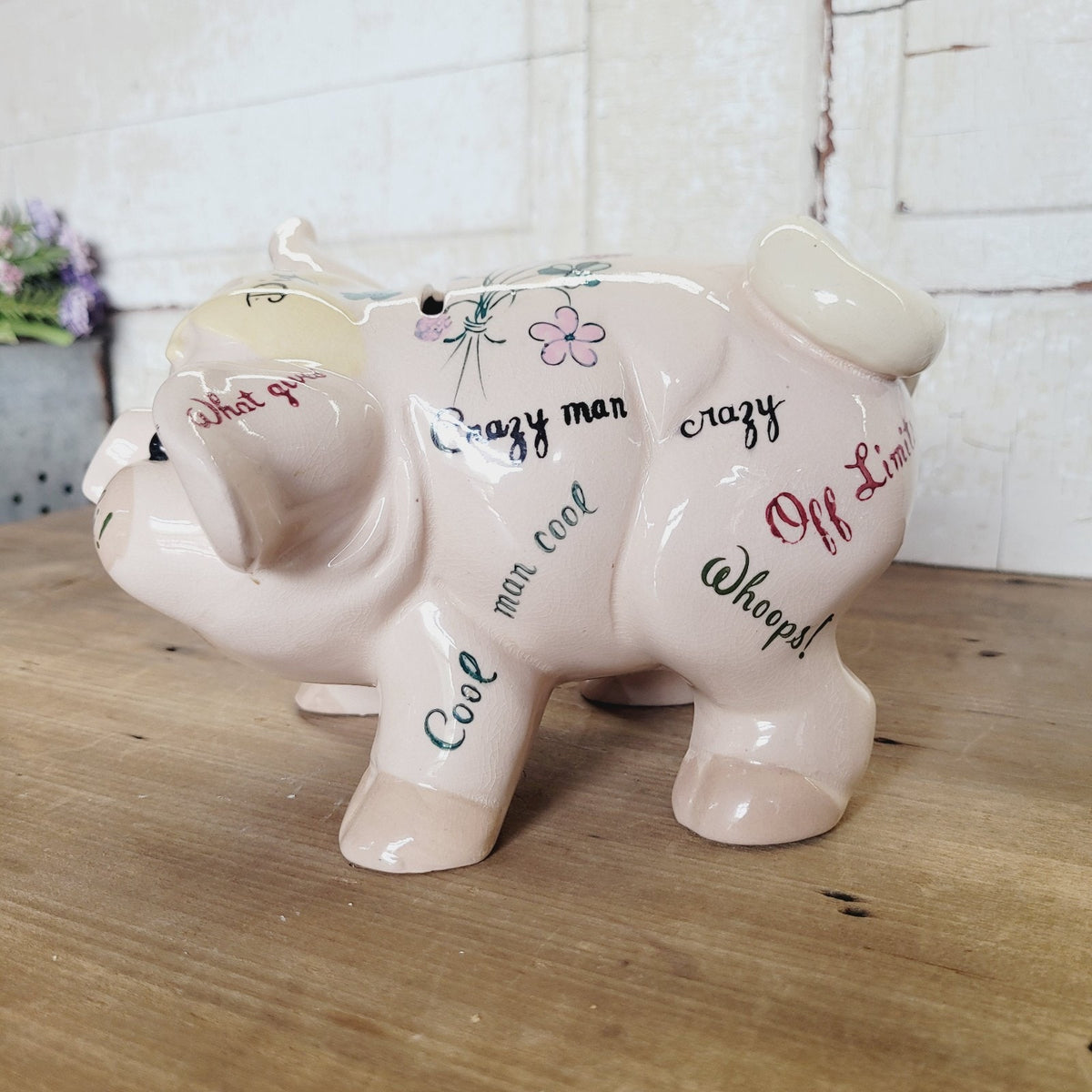 Vintage NAPCO 1950s Rock and Roll Slang Piggy Bank Hep Cat Ceramic Pink 8in