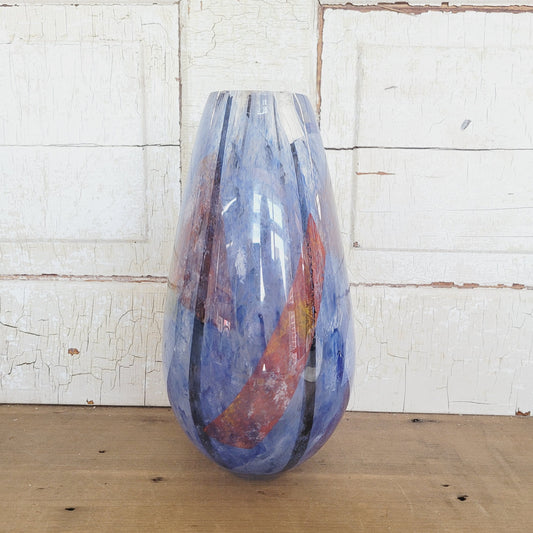 Heavy Art Glass Vase | 10.25" Tall | Blue Multicolor | Thick Contemporary Studio Glass