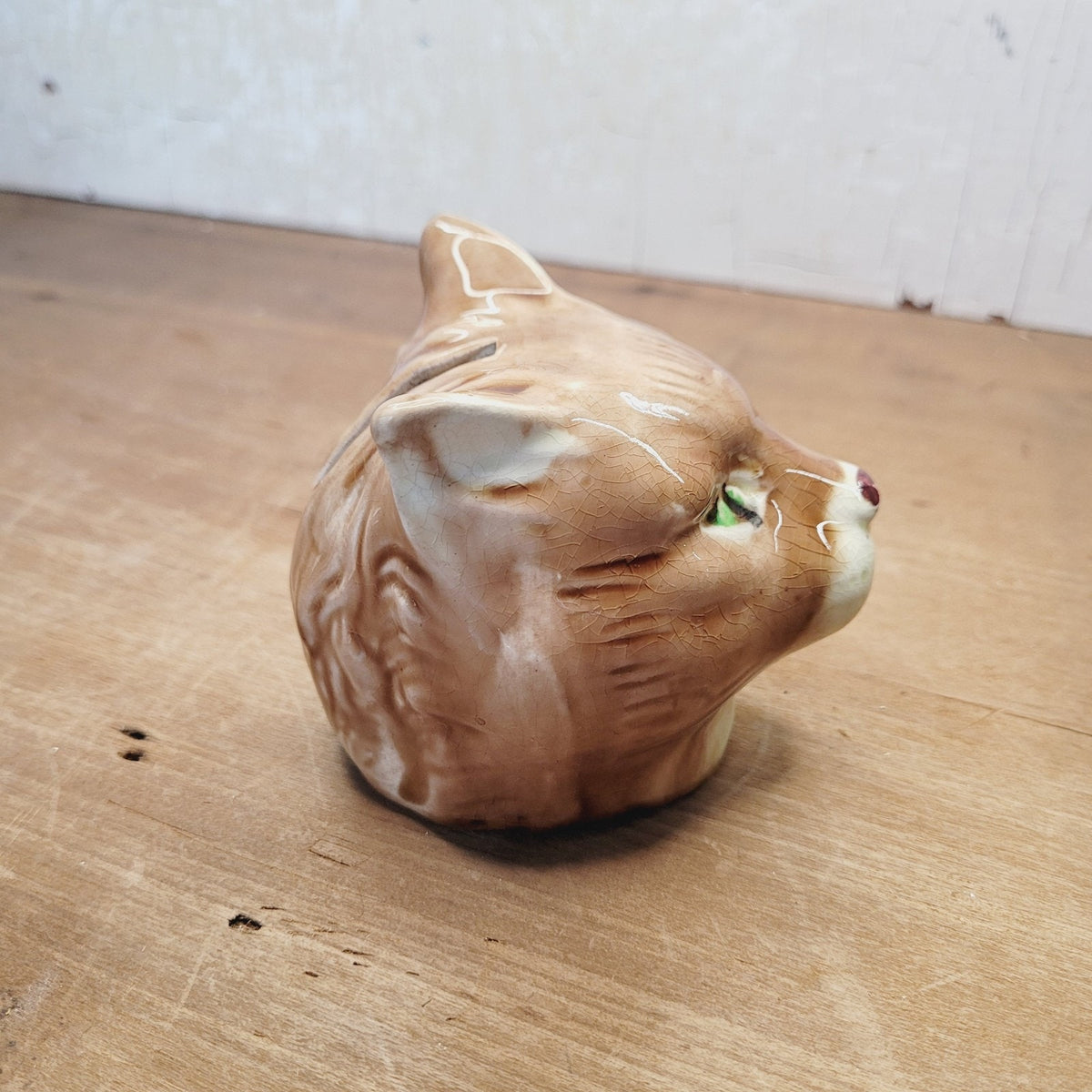 Vintage Majolica Style Cat Head Coin Bank Pottery 3.25 Inch No Maker Mark