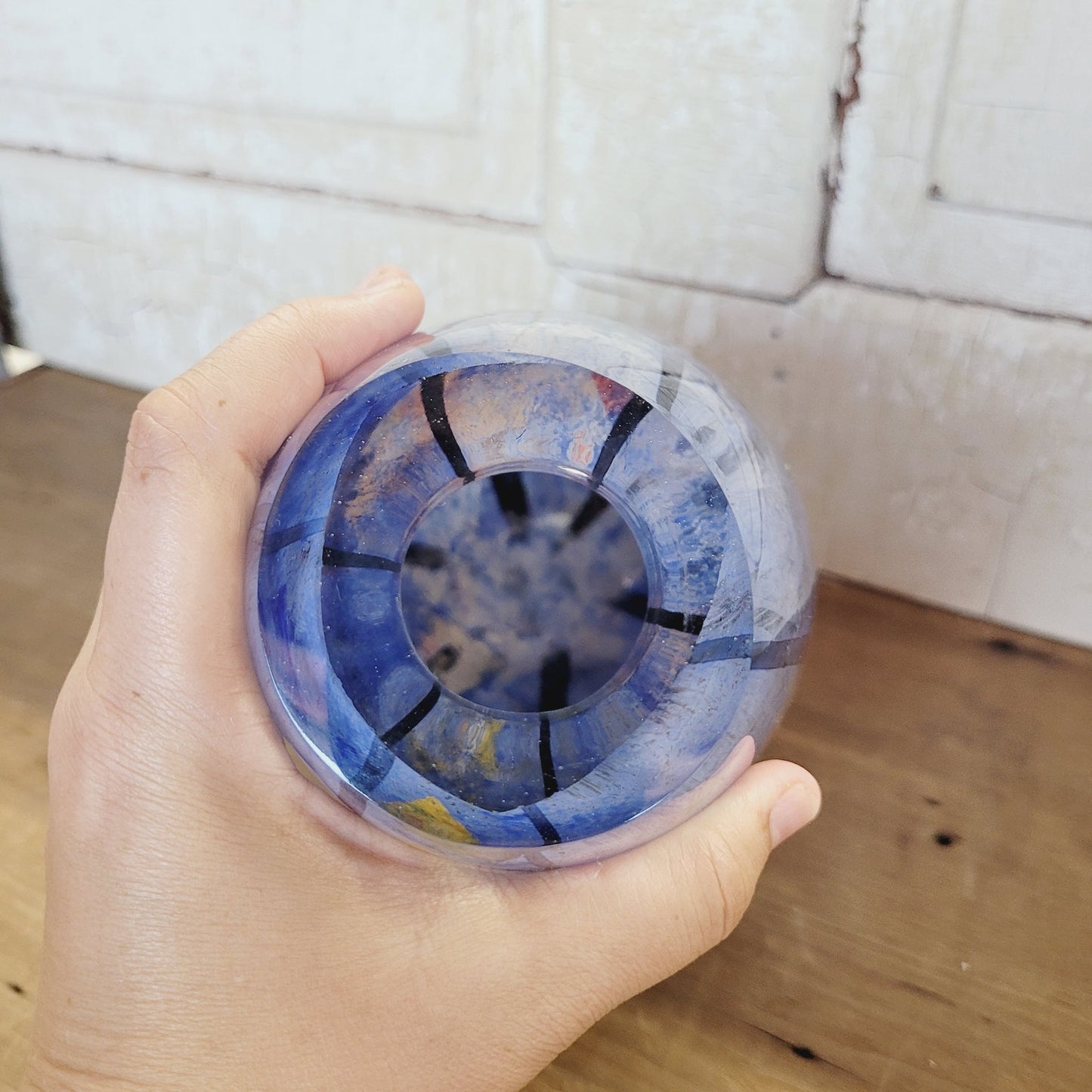 Heavy Art Glass Vase | 10.25" Tall | Blue Multicolor | Thick Contemporary Studio Glass