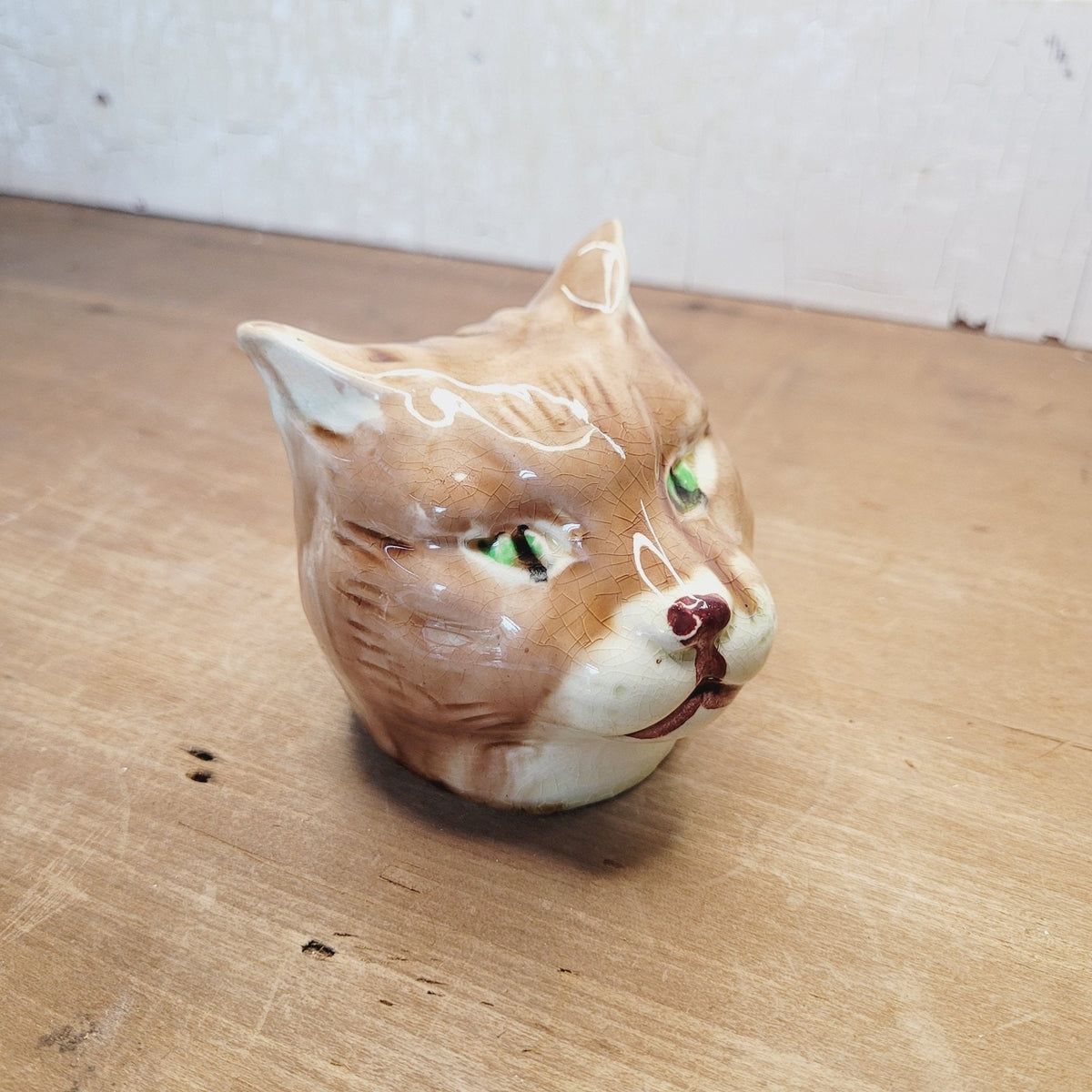 Vintage Majolica Style Cat Head Coin Bank Pottery 3.25 Inch No Maker Mark