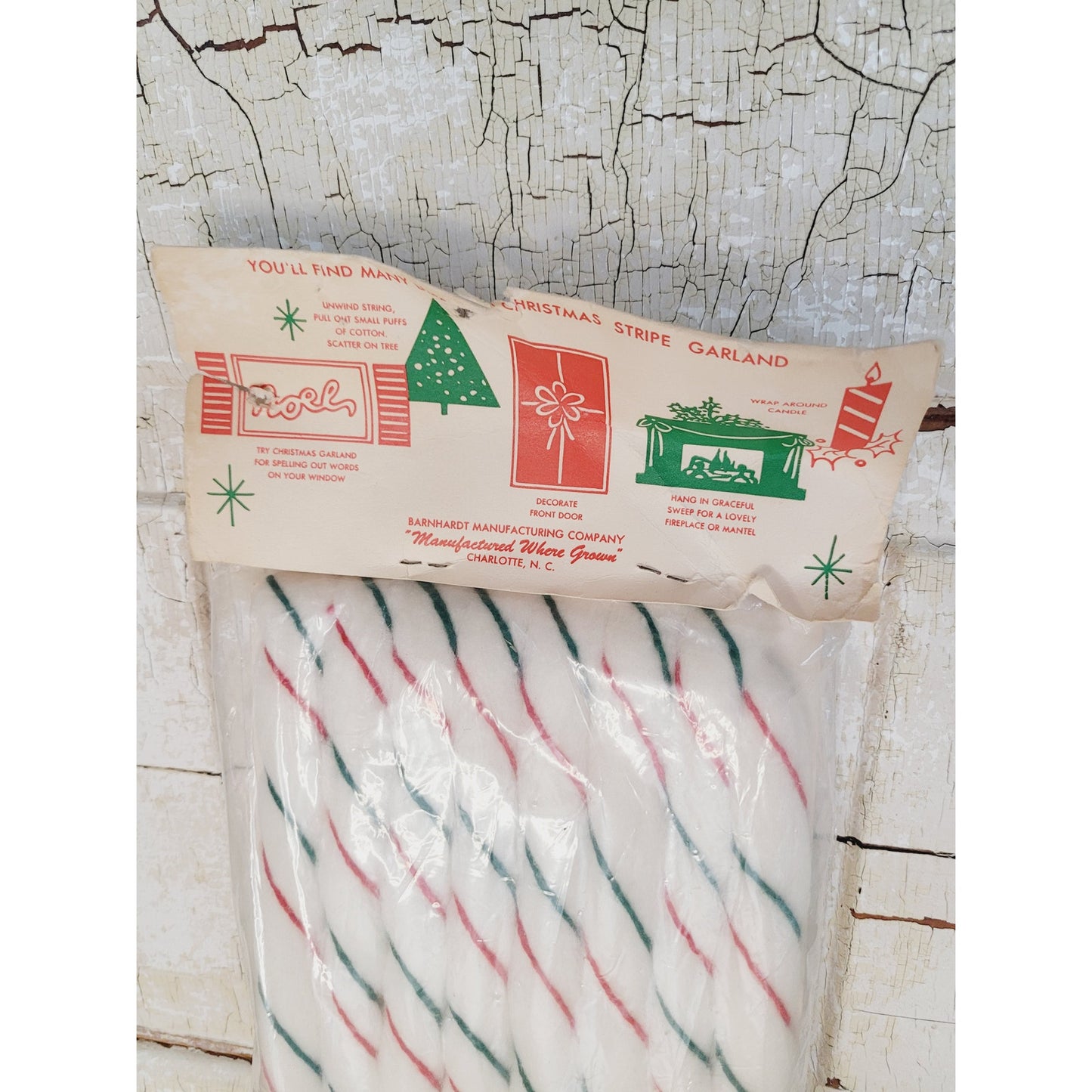 Vintage 1950s Christmas Garland Flame Proof Cotton Candy Cane Stripe 15 Ft