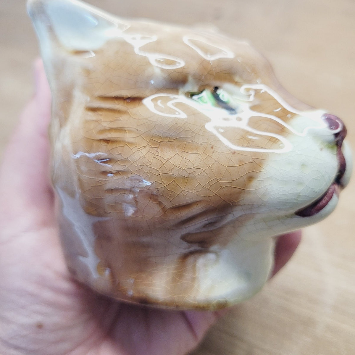 Vintage Majolica Style Cat Head Coin Bank Pottery 3.25 Inch No Maker Mark