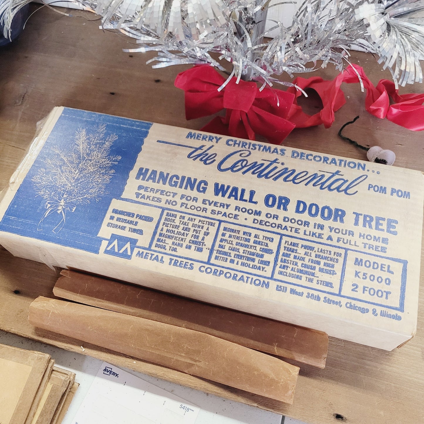 1950s Aluminum Pom Pom Hanging Christmas Tree | Wall Door Tree | 2 Ft Box #K5000