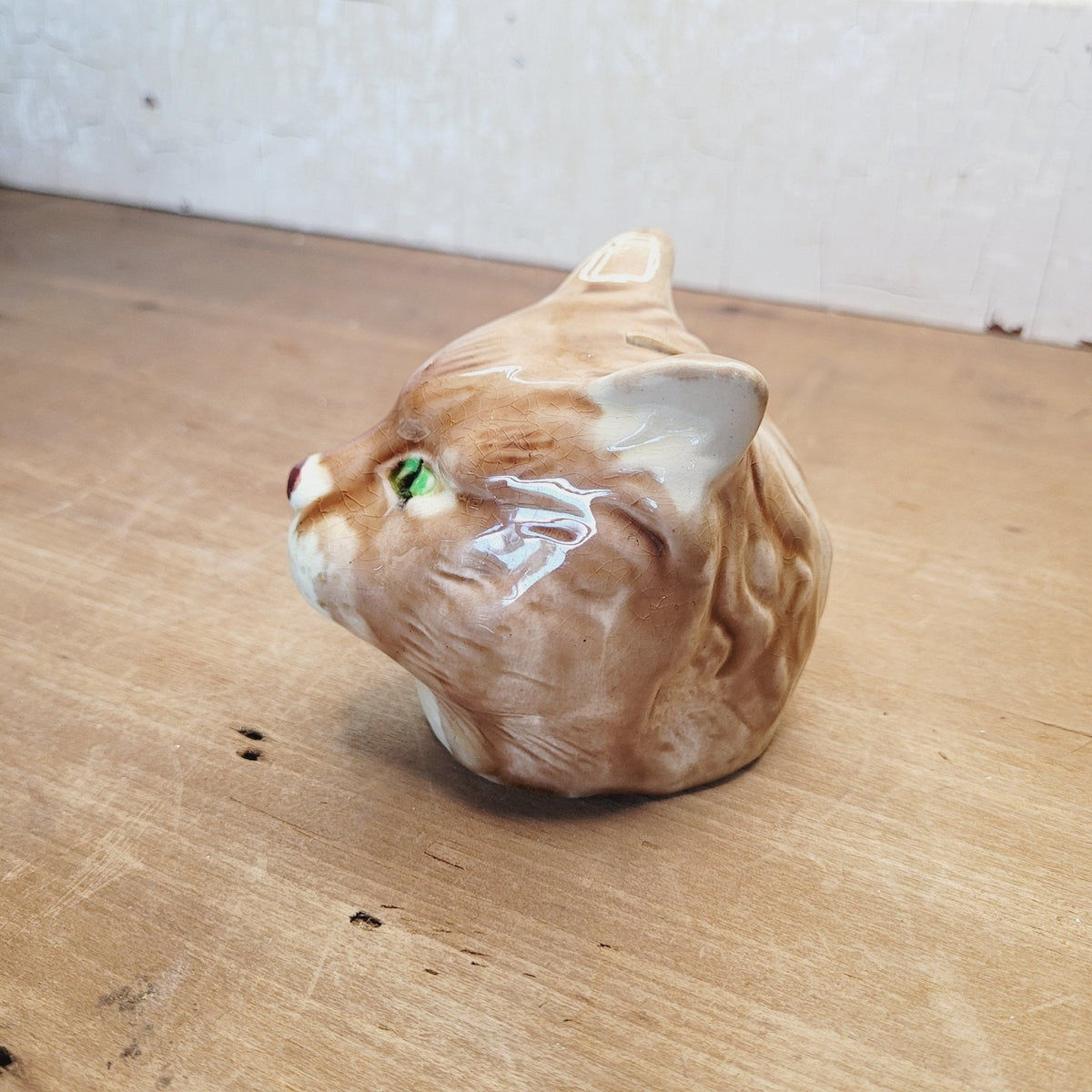 Vintage Majolica Style Cat Head Coin Bank Pottery 3.25 Inch No Maker Mark