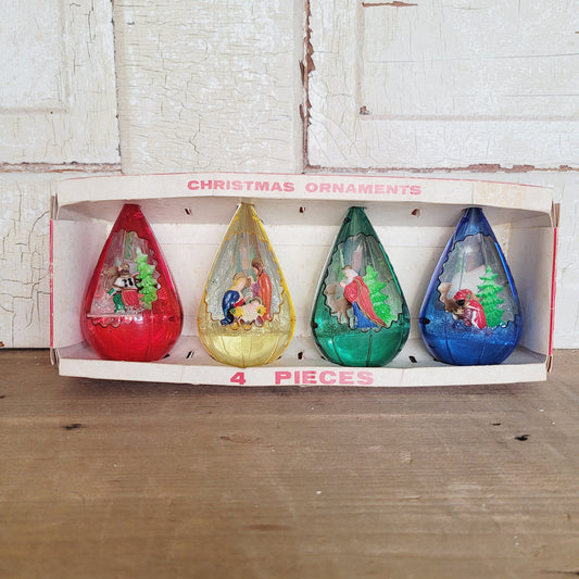 Vintage Jewel Brite Diorama Christmas Ornaments Set of 4 with Box 1950s 1960s