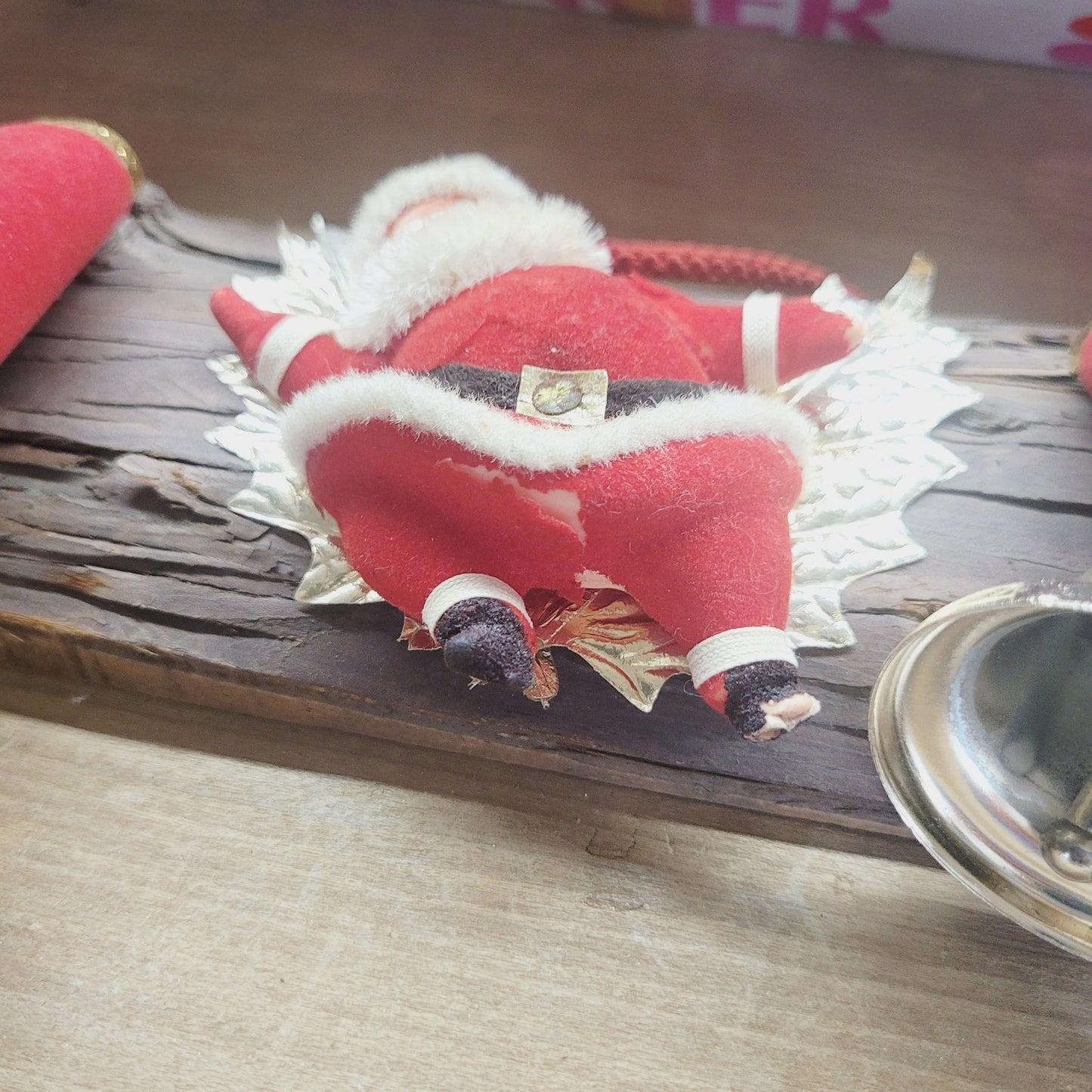 Vintage Yuletide Jingle Bell Door Hanger with Flocked Santa & Bows 14.5"