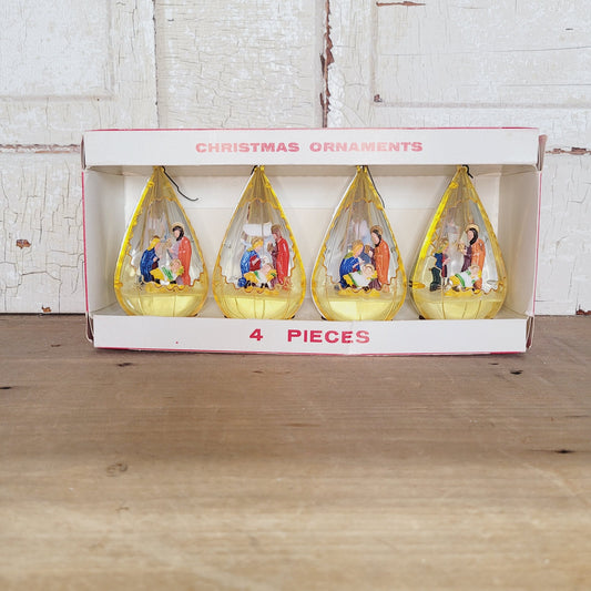 Vintage Jewel Brite Nativity Diorama Christmas Ornaments Set of 4 with Box