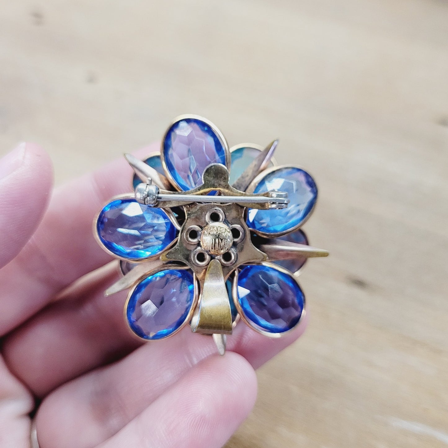 Vintage Walter Lampl Gold-Filled Pendant/Brooch w/ Aqua & Sapphire Blue Crystals