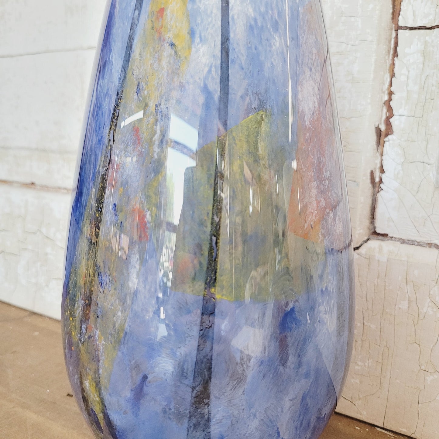 Heavy Art Glass Vase | 10.25" Tall | Blue Multicolor | Thick Contemporary Studio Glass