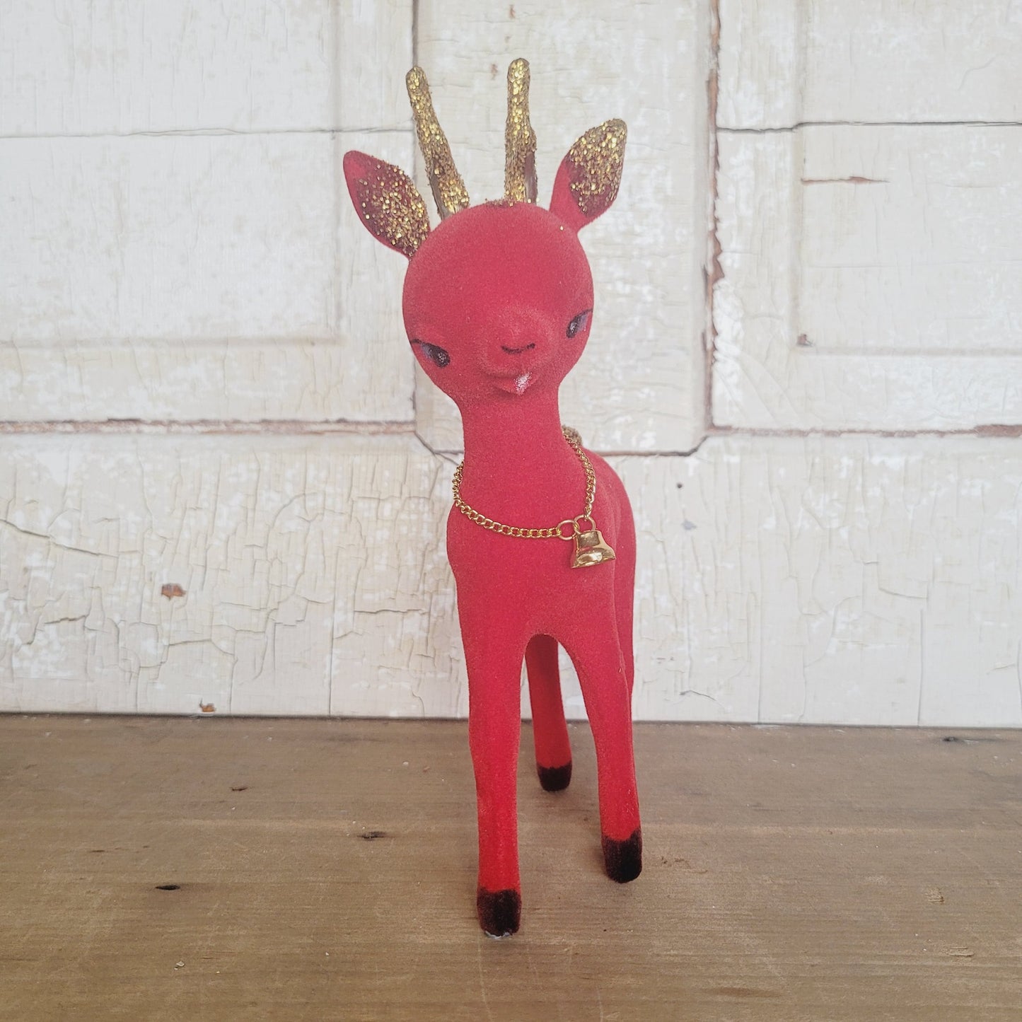 Vintage Red Flocked Reindeer 8" Figurine with Bell & Glitter Antlers