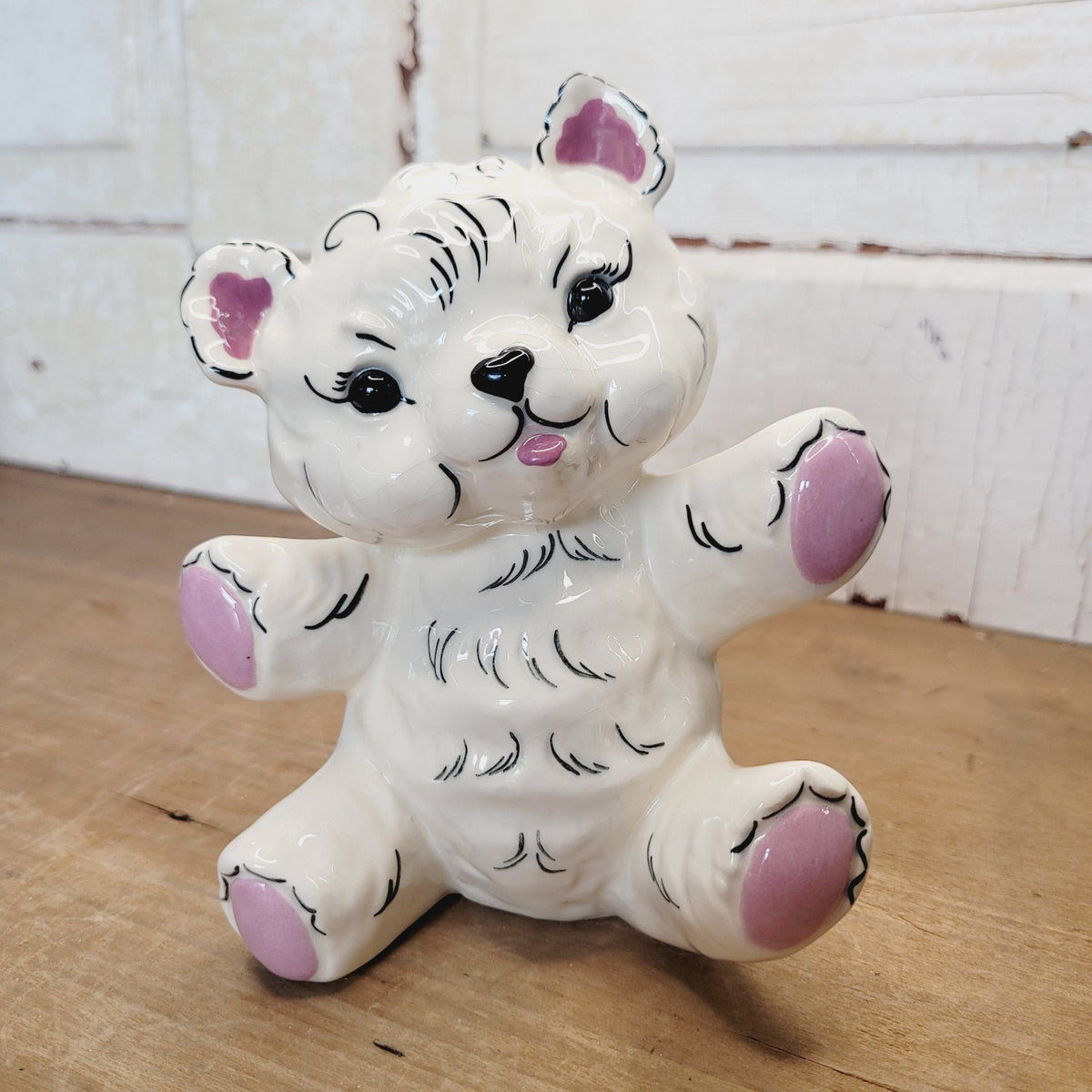 Kay Finch White Black Pink Bear Figurine 6 Inch Ceramic