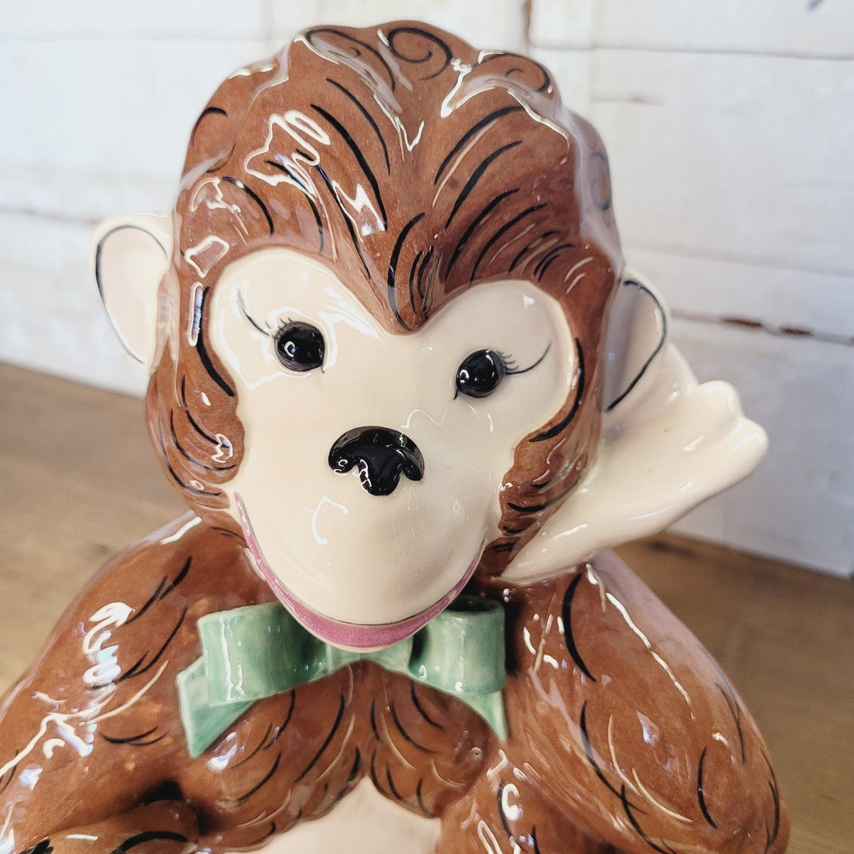 Kay Finch California Happy Monkey Figurine 4903 Brown Green Bow MCM 10.5in