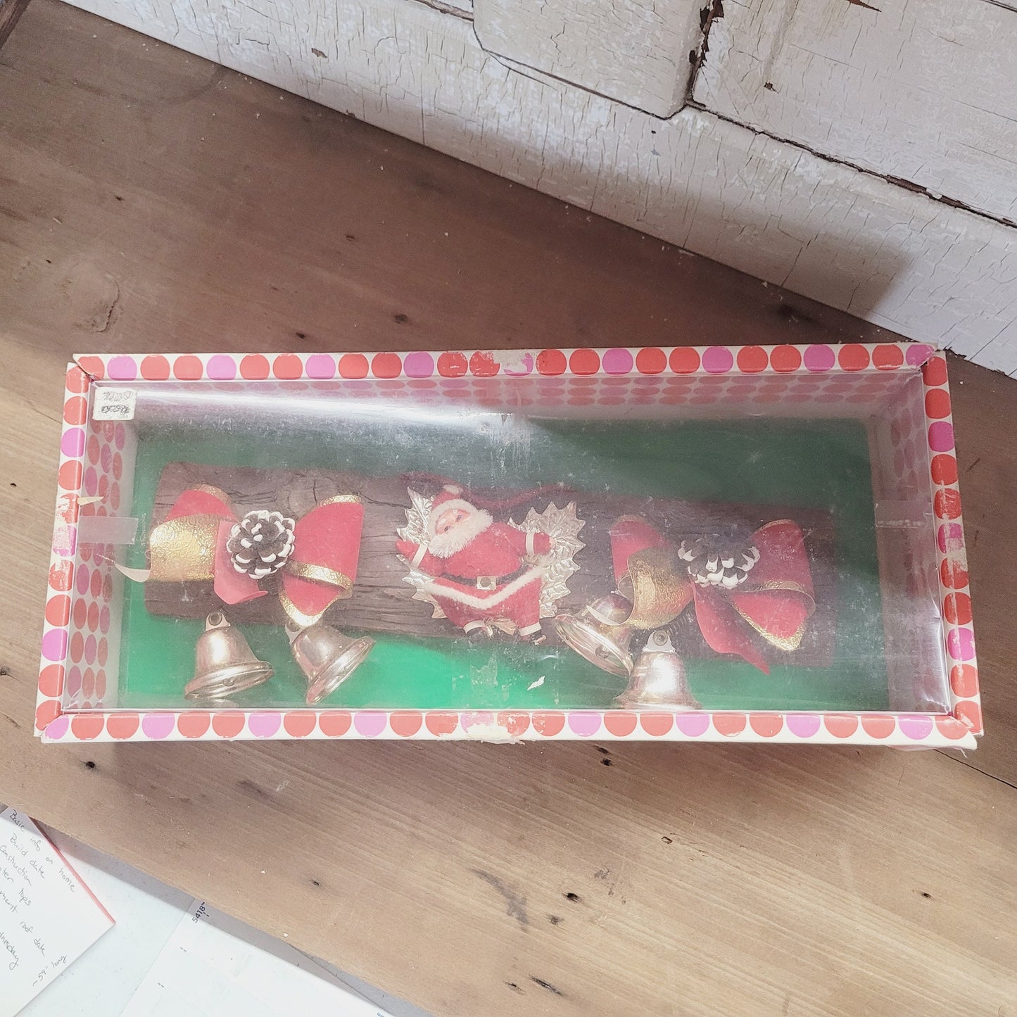 Vintage Yuletide Jingle Bell Door Hanger with Flocked Santa & Bows 14.5"