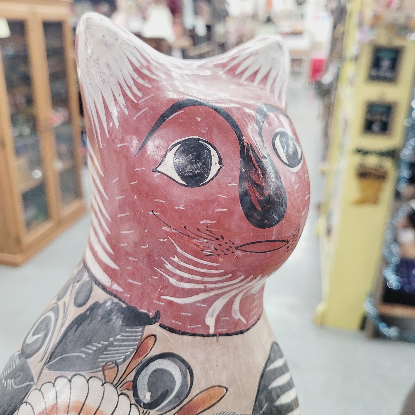Vintage Mexican Tonala Sitting Cat Folk Art Pottery Hand Painted 14" Large